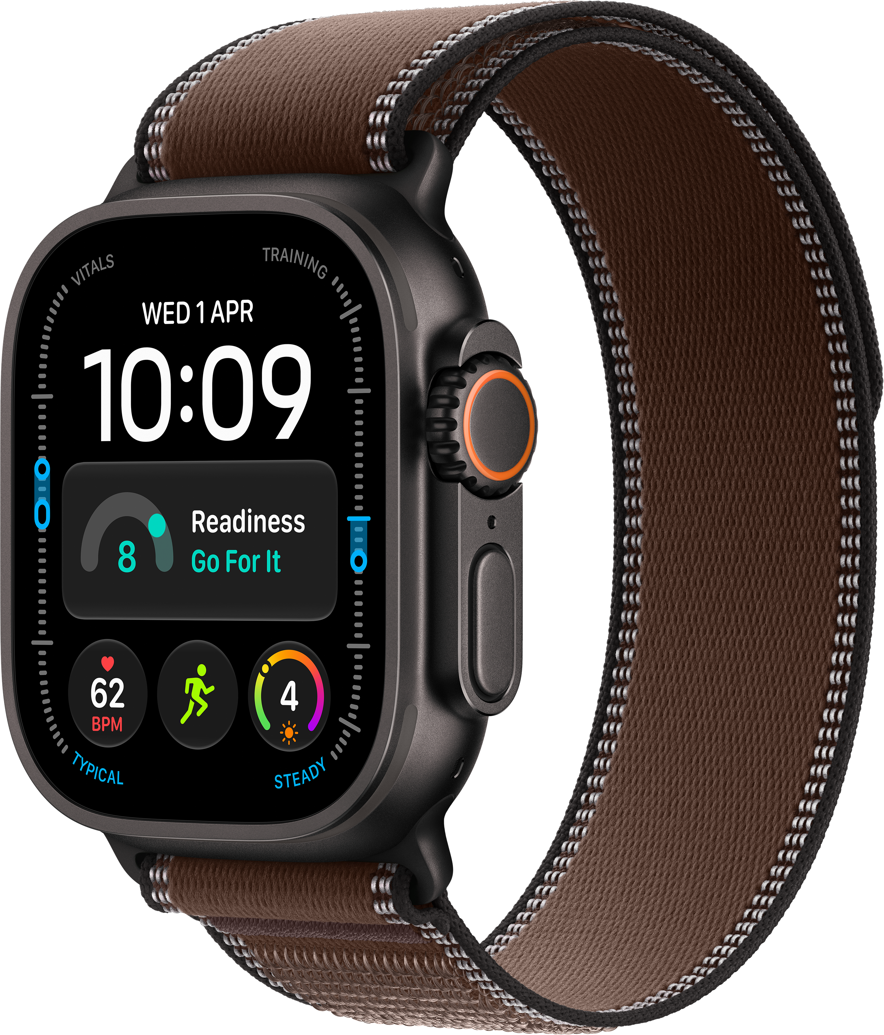 Une montre connectée noire avec un bracelet en tissu marron affiche la date, l'heure et des données de santé.