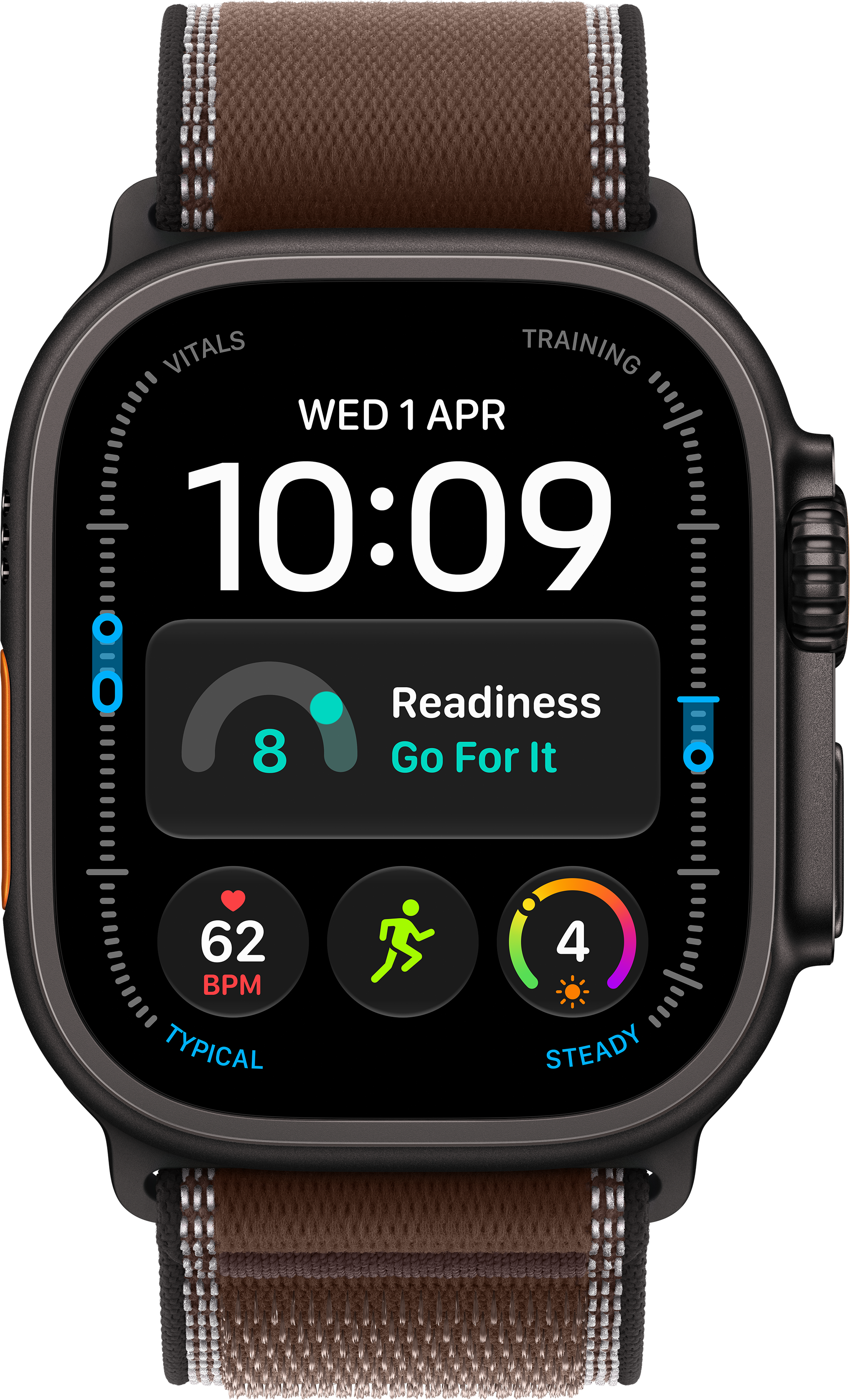Une montre connectée avec un boîtier noir et un bracelet en tissu marron affiche un cadran numérique avec des données de fitness.