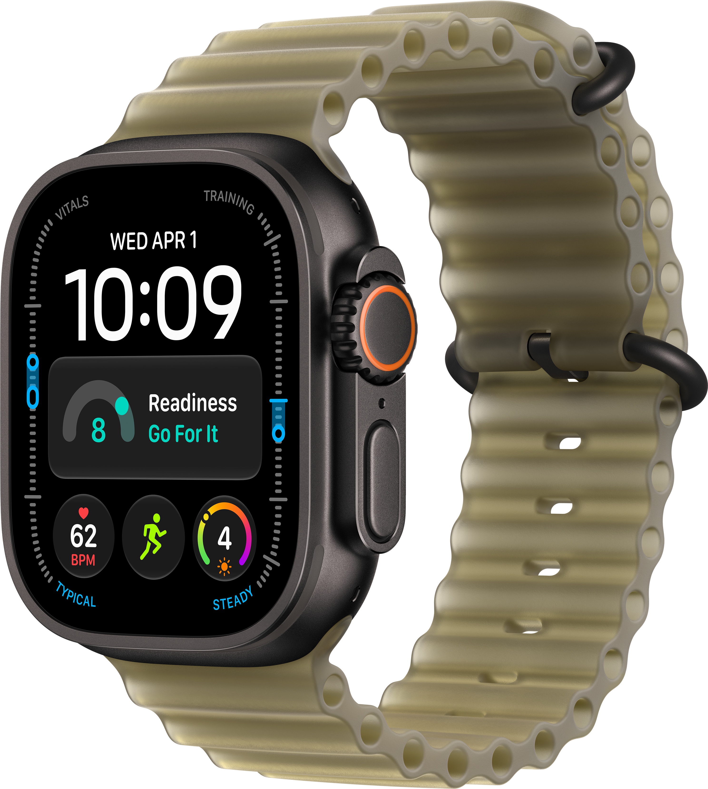 Une montre connectée noire avec un bracelet en silicone côtelé vert olive affiche des données de fitness.