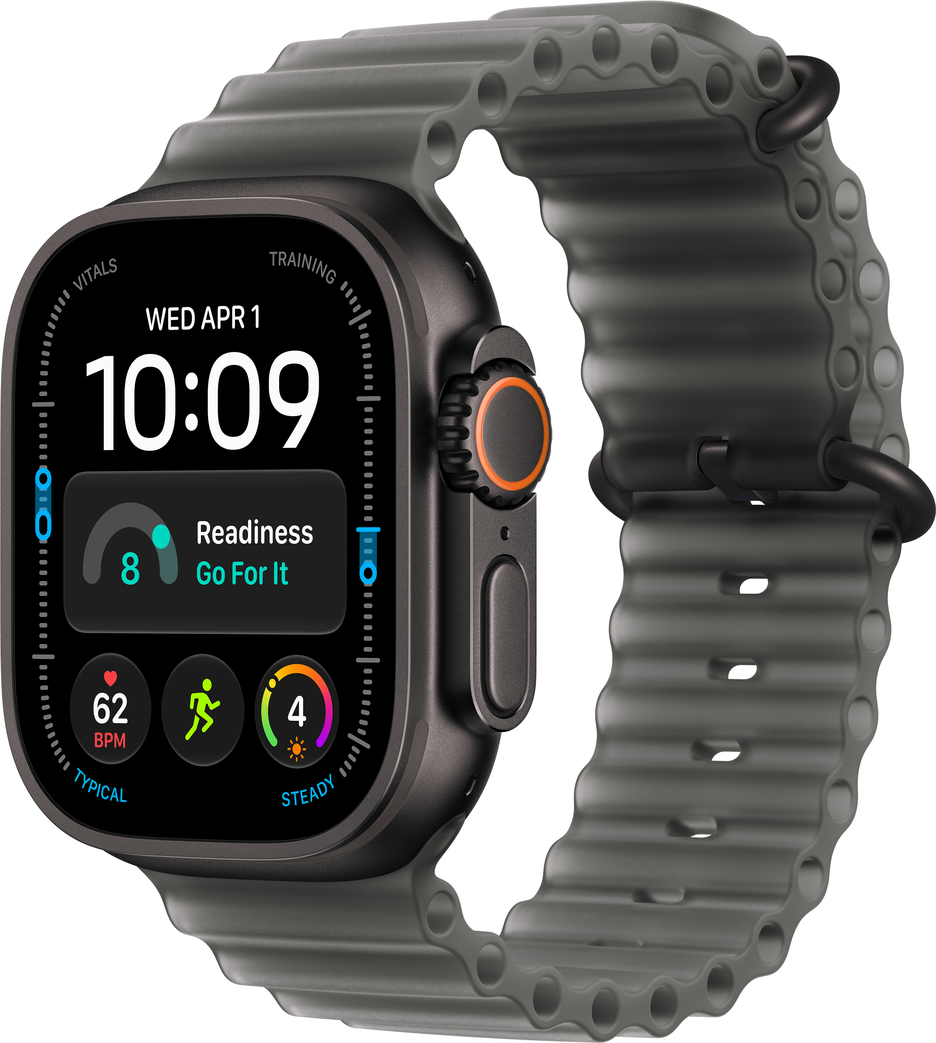 Une montre connectée noire avec un bracelet cannelé et un affichage numérique de l'heure, de la fréquence cardiaque et de l'état.
