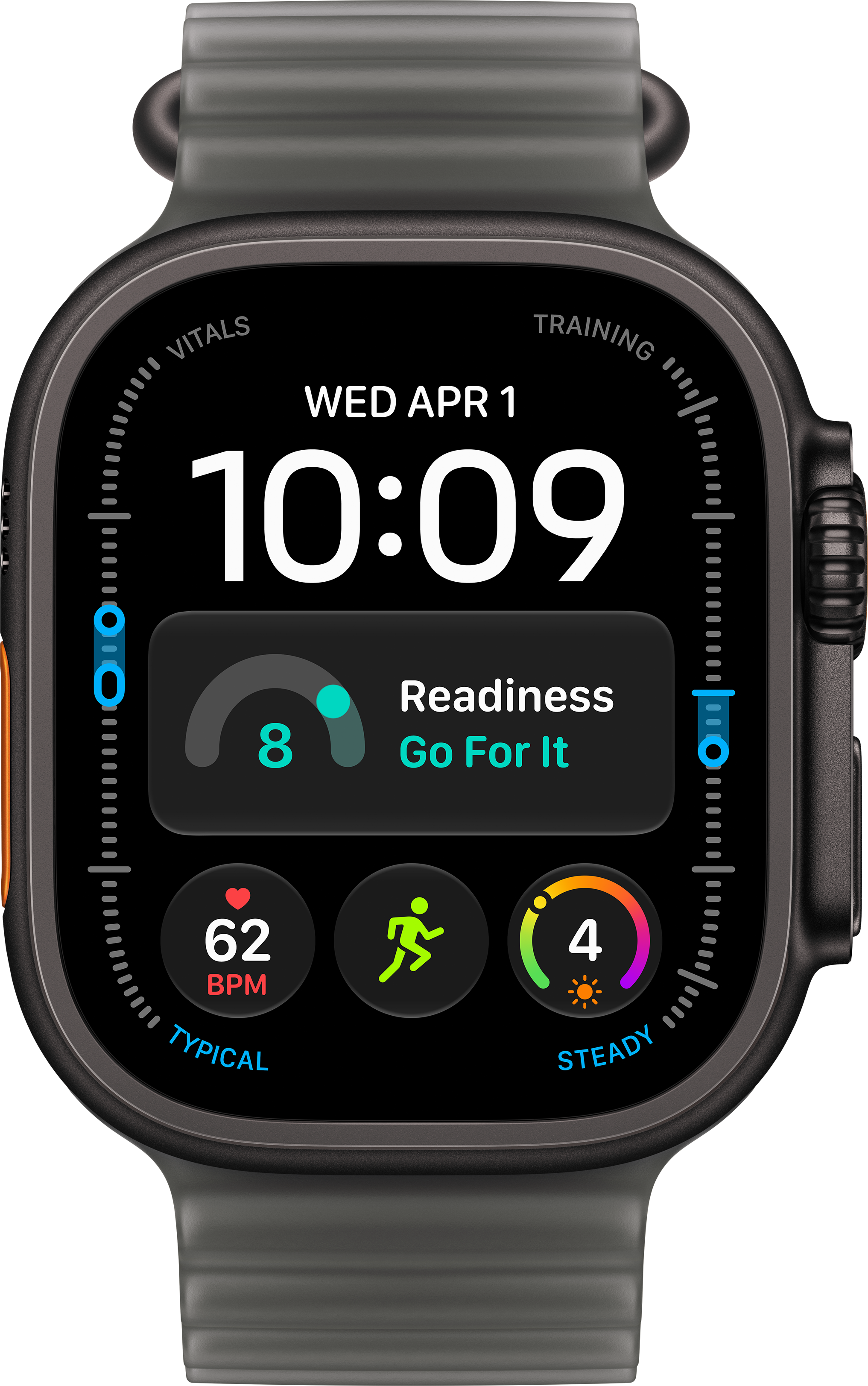 Une montre connectée noire à cadran numérique affiche 10:09, la date, la fréquence cardiaque et des métriques.