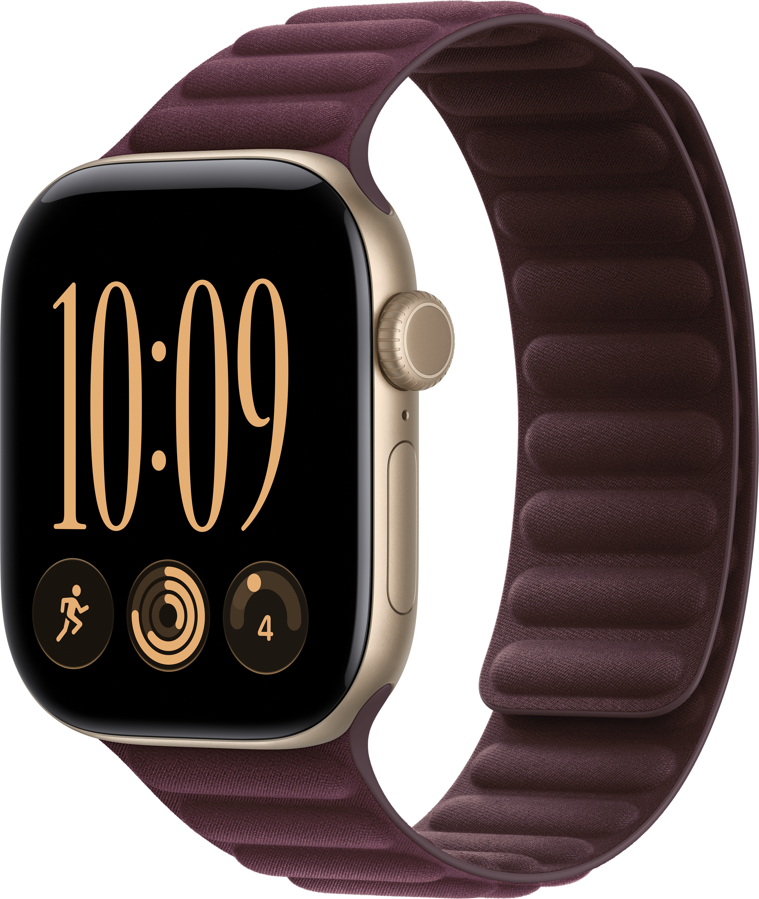 Goldfarbene Smartwatch mit dunklem Lederarmband und digitaler Anzeige auf schwarzem Hintergrund.