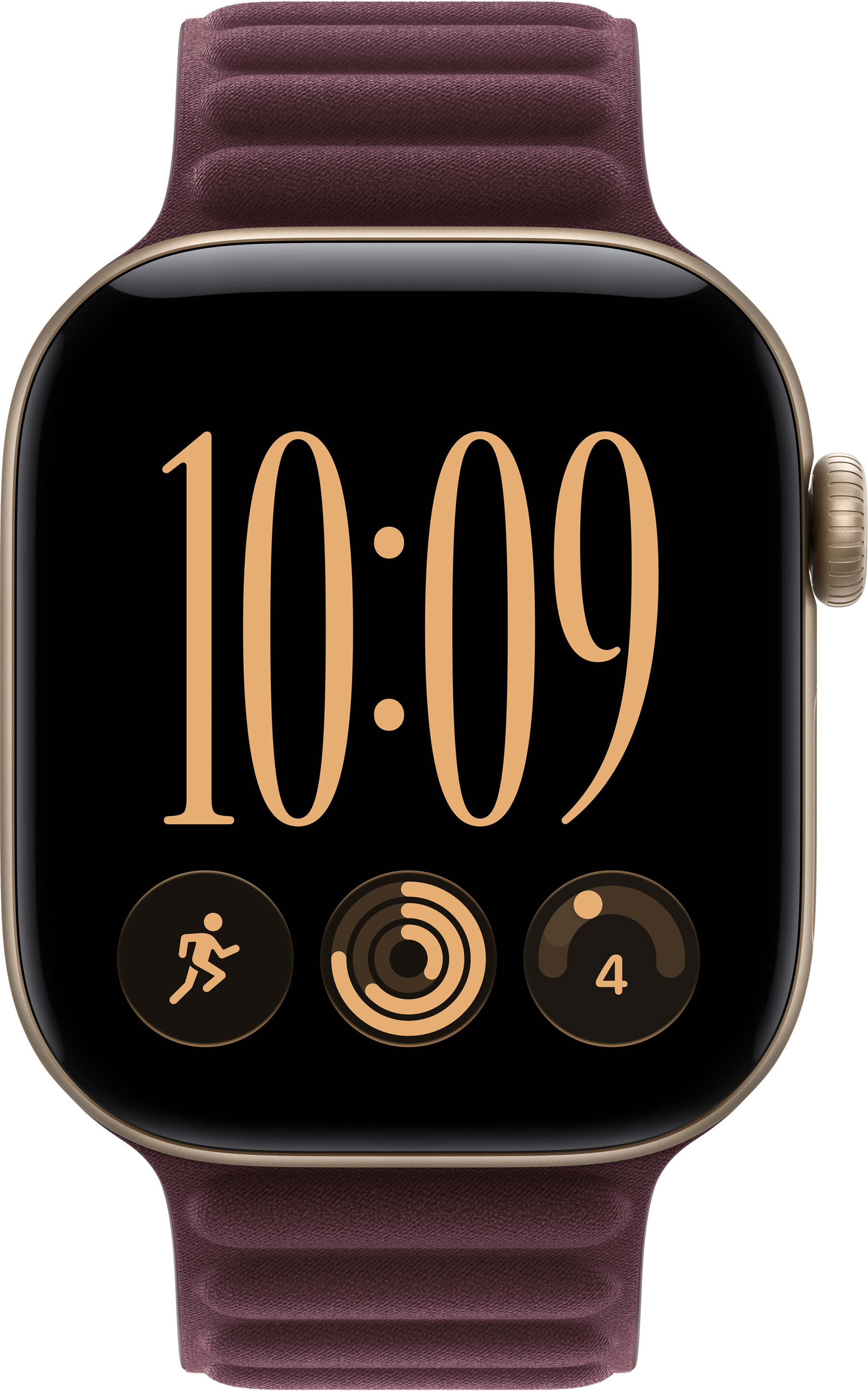 Eine Smartwatch mit burgunderrotem Armband zeigt 10:09 Uhr und drei Aktivitäts-Icons auf schwarzem Bildschirm.