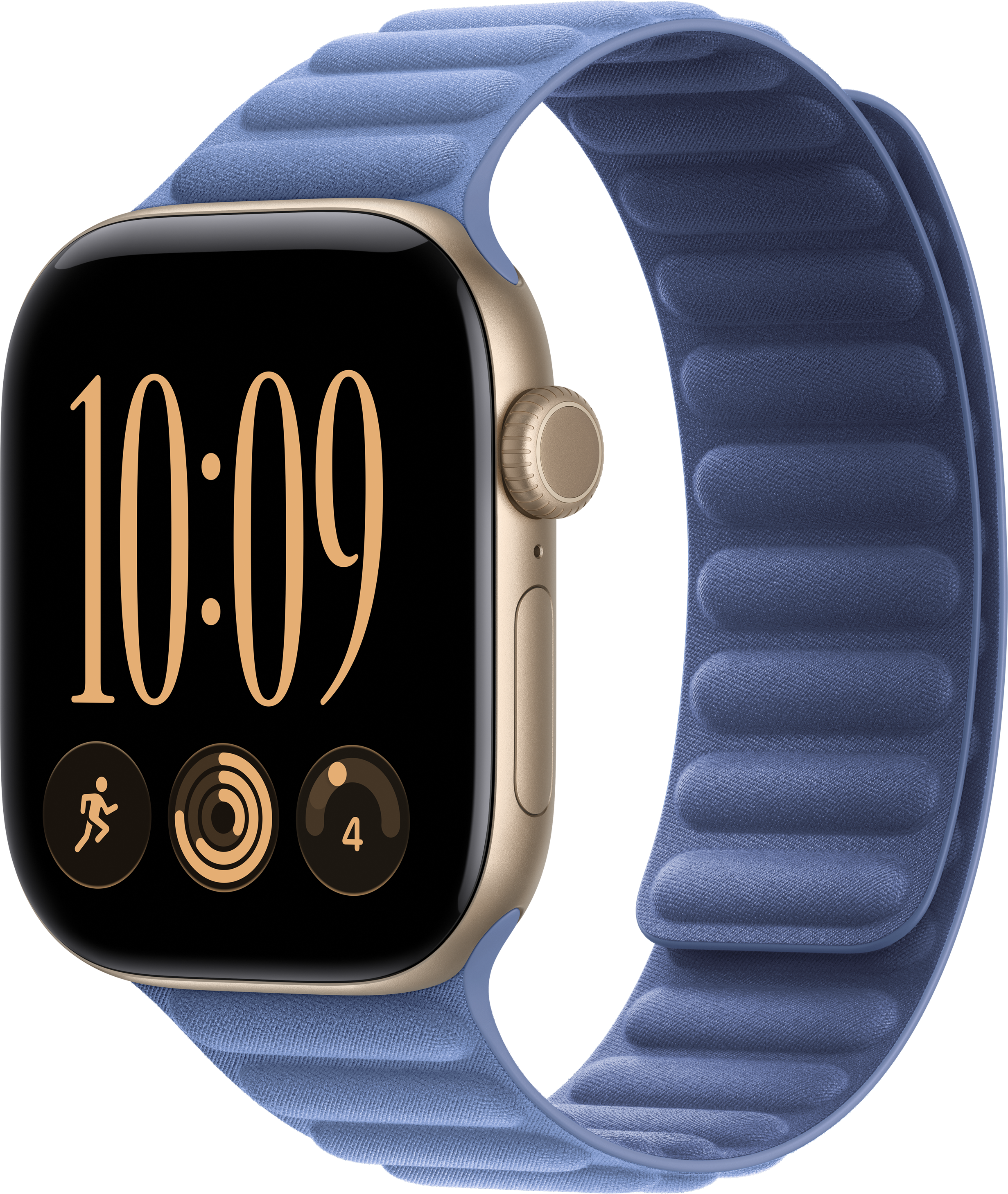 Une montre connectée dorée avec bracelet bleu magnétique affiche 10:09 sur fond noir.