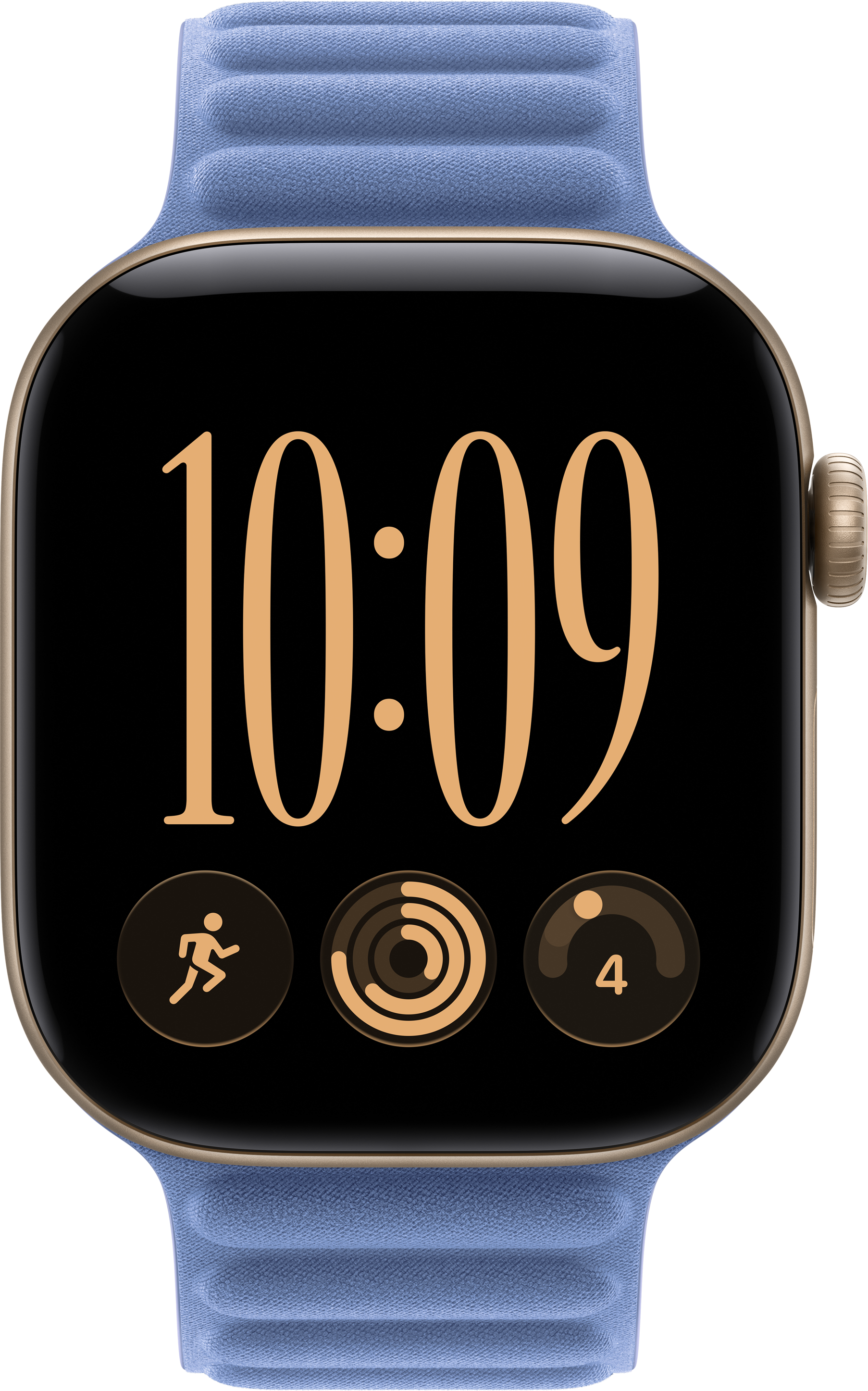 Montre connectée avec bracelet bleu affichant 10:09 et trois icônes de fitness sur un cadran numérique noir.