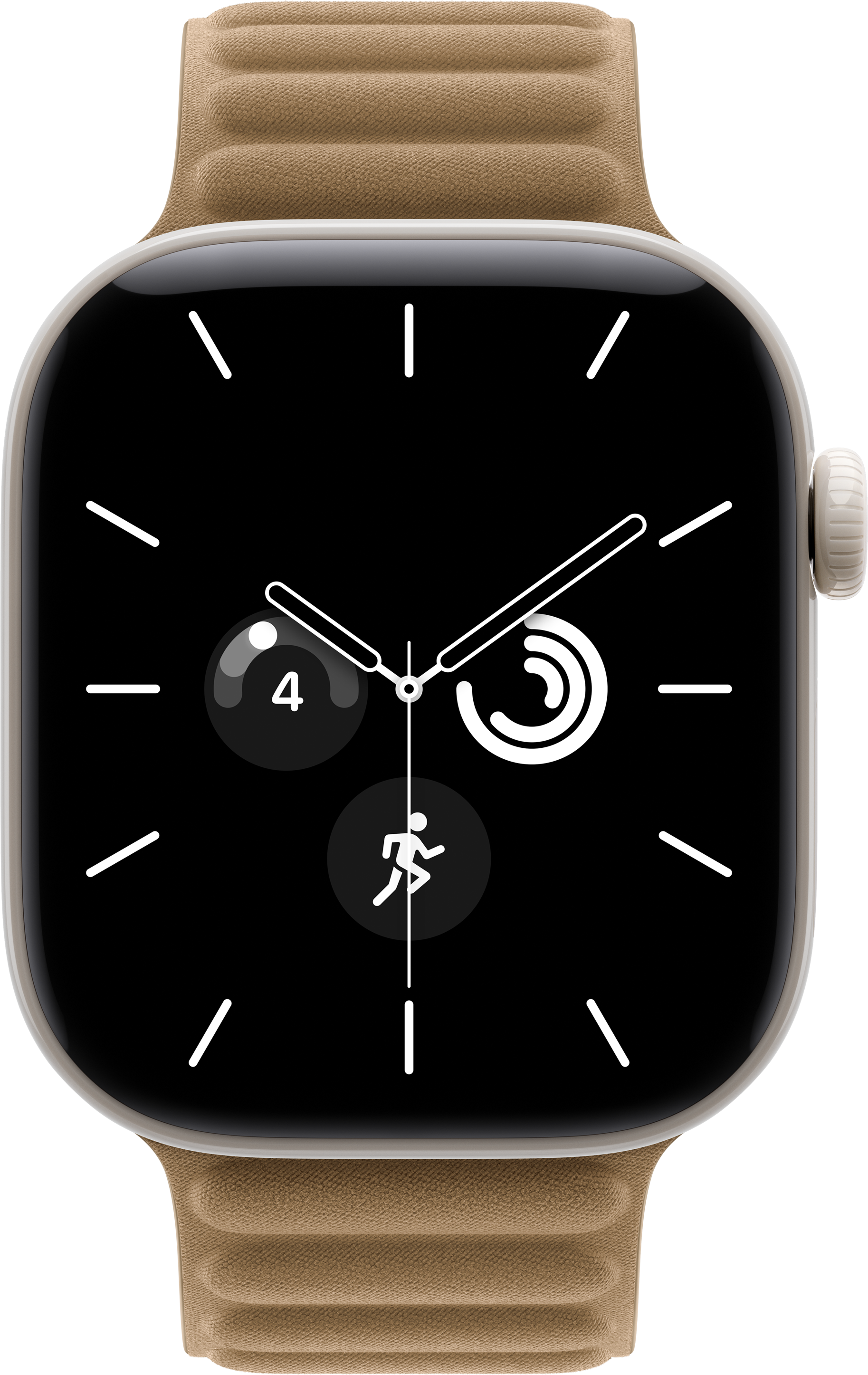 Une montre connectée avec un bracelet en cuir beige et un cadran noir avec des aiguilles et des icônes blanches.
