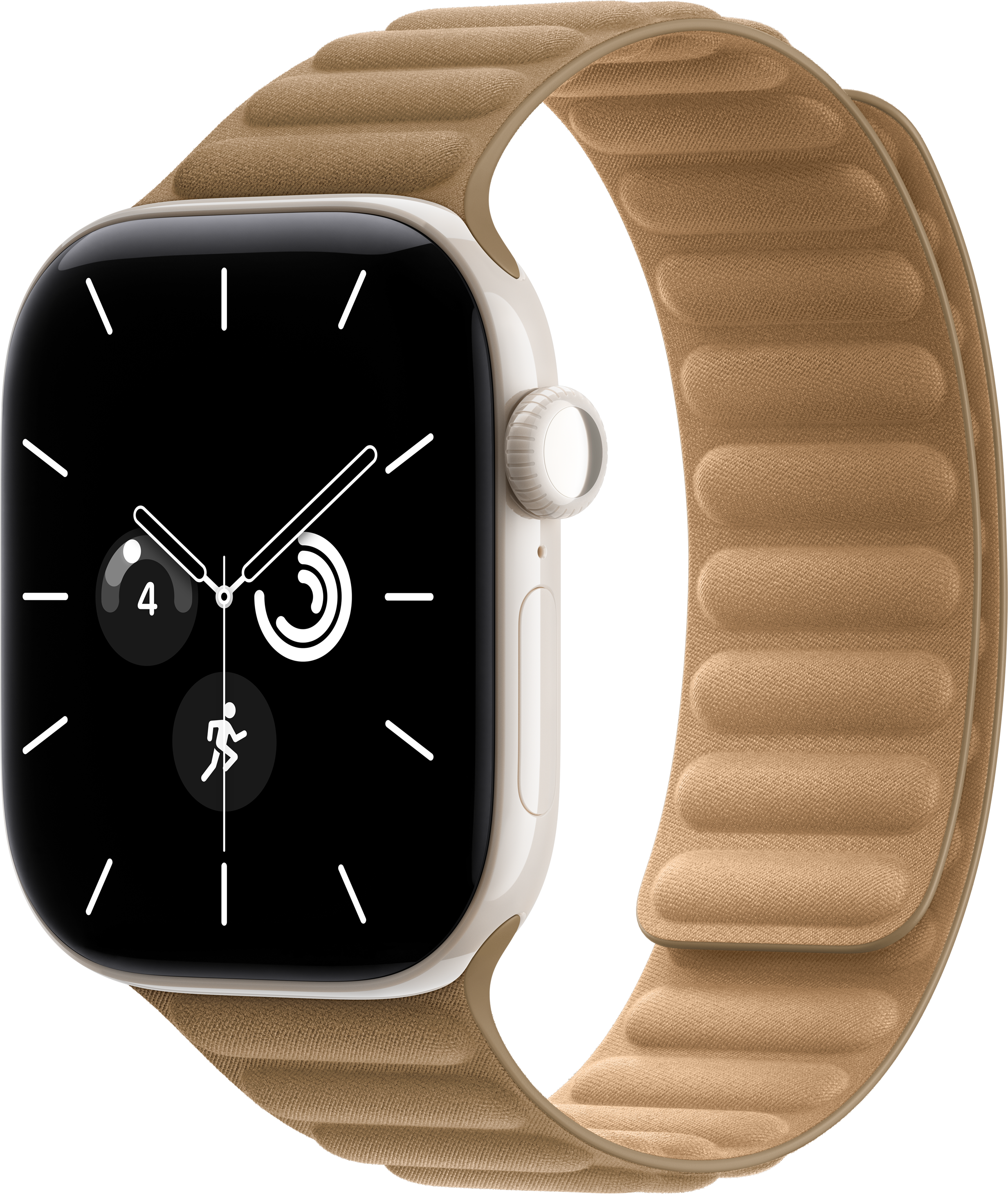 Eine Smartwatch mit beigem Lederarmband und schwarzem Zifferblatt vor dunklem Hintergrund.