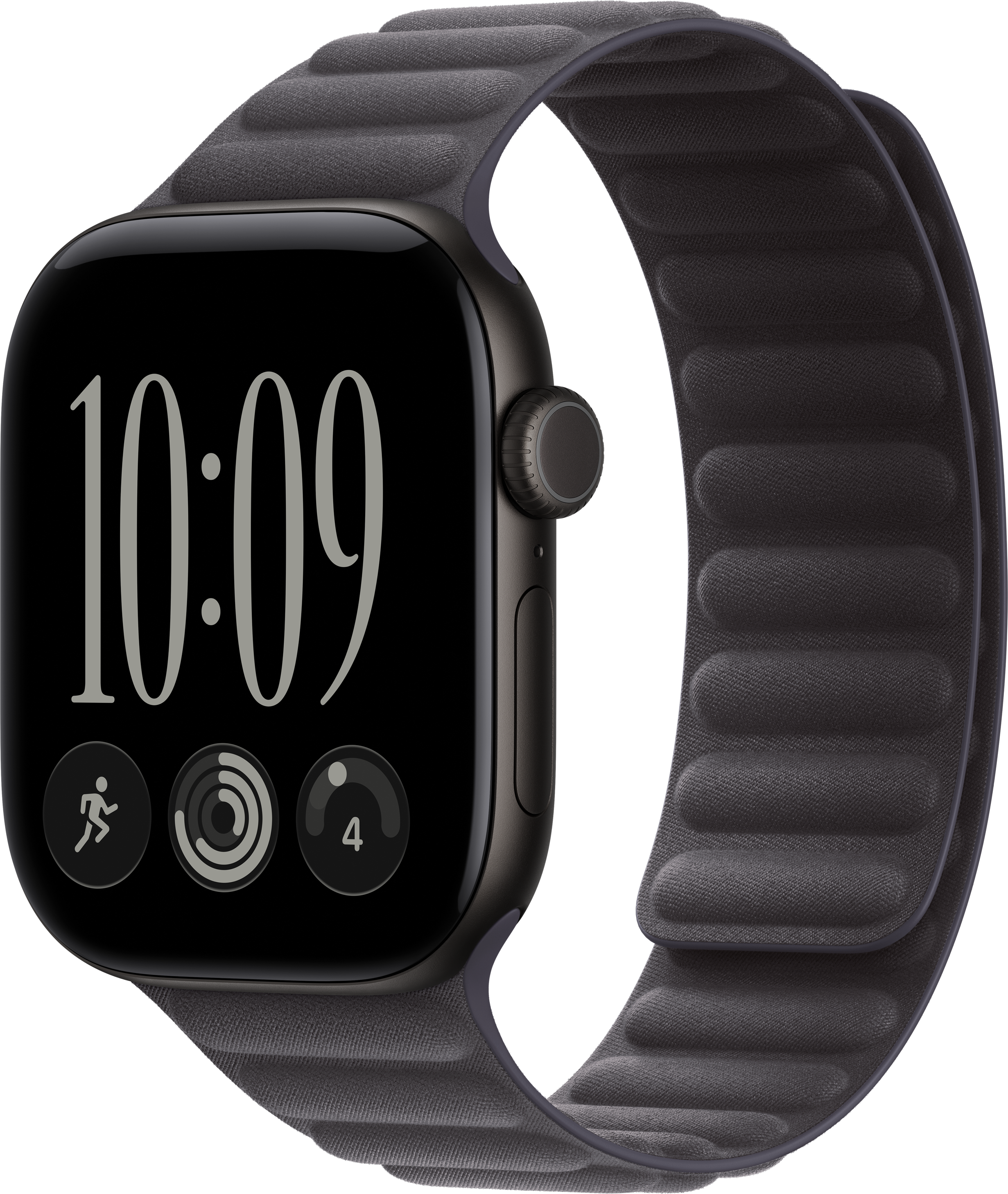 Dunkelgraue Smartwatch mit Lederarmband zeigt 10:09 und Fitness-Icons vor schwarzem Hintergrund.