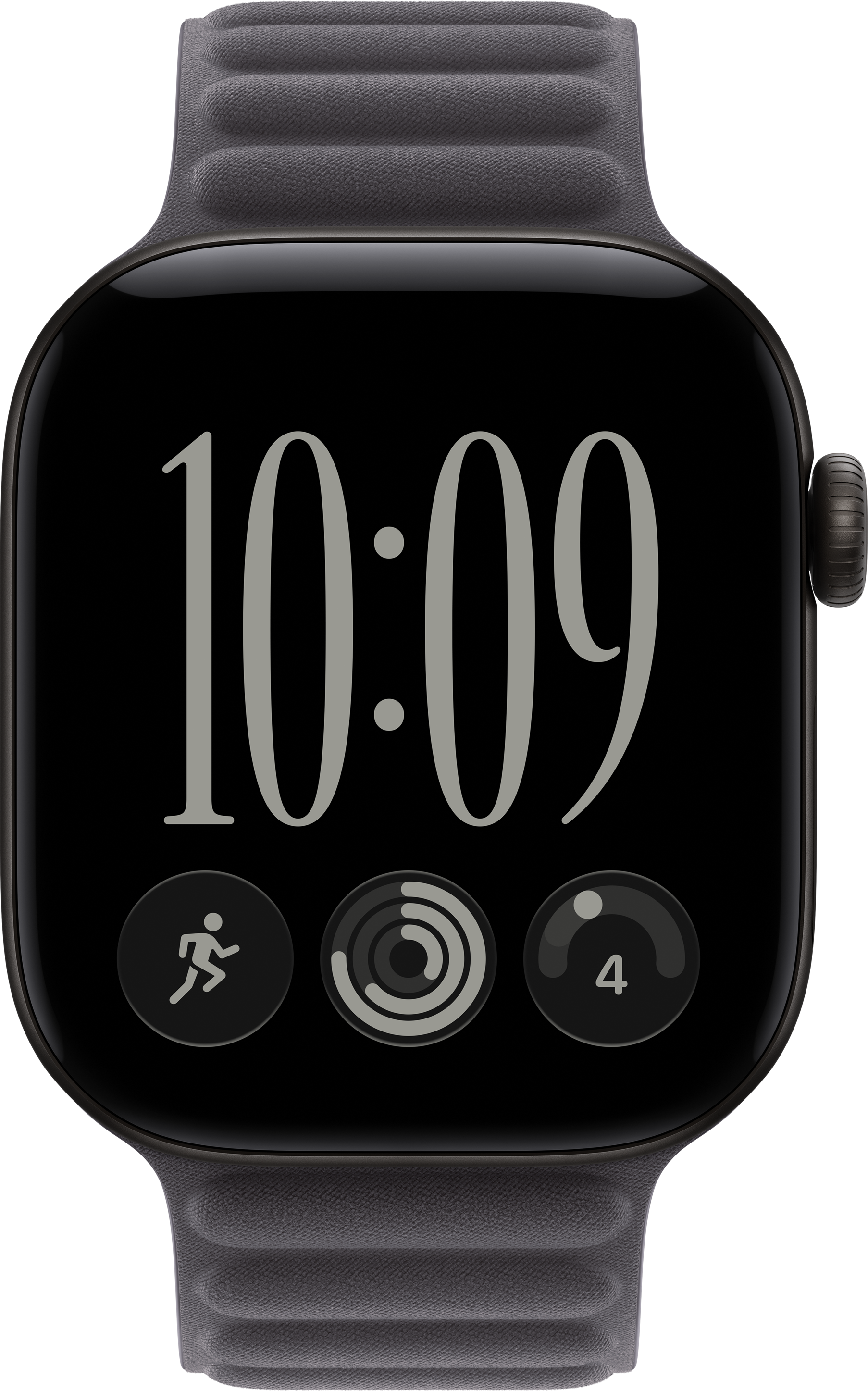 Eine schwarze Smartwatch zeigt 10:09, Aktivitätsringe, ein Läufersymbol und eine Vier auf schwarzem Hintergrund.
