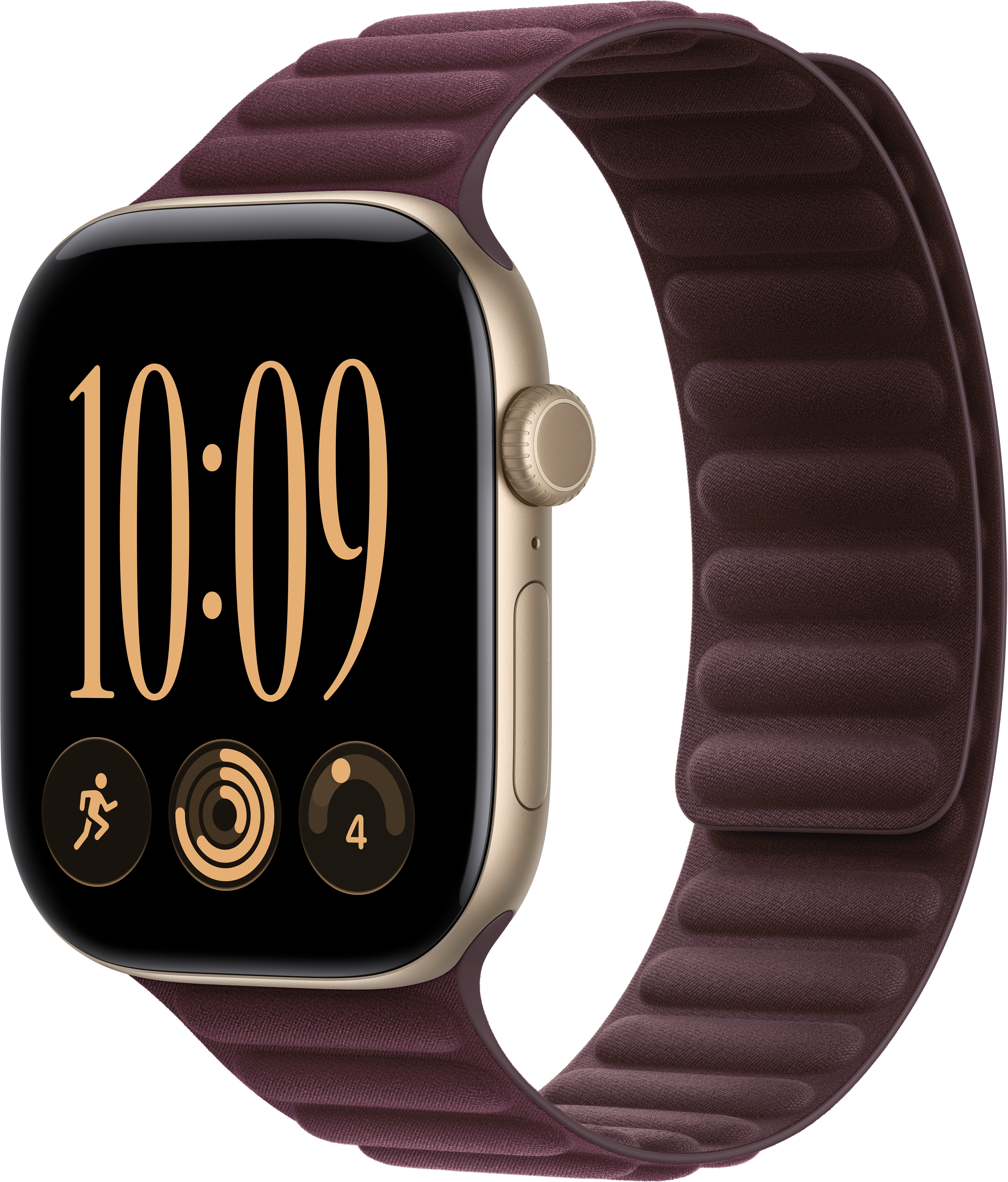 Goldene Smartwatch mit dunkelviolettem, geripptem Lederarmband zeigt 10:09 auf schwarzem Bildschirm.