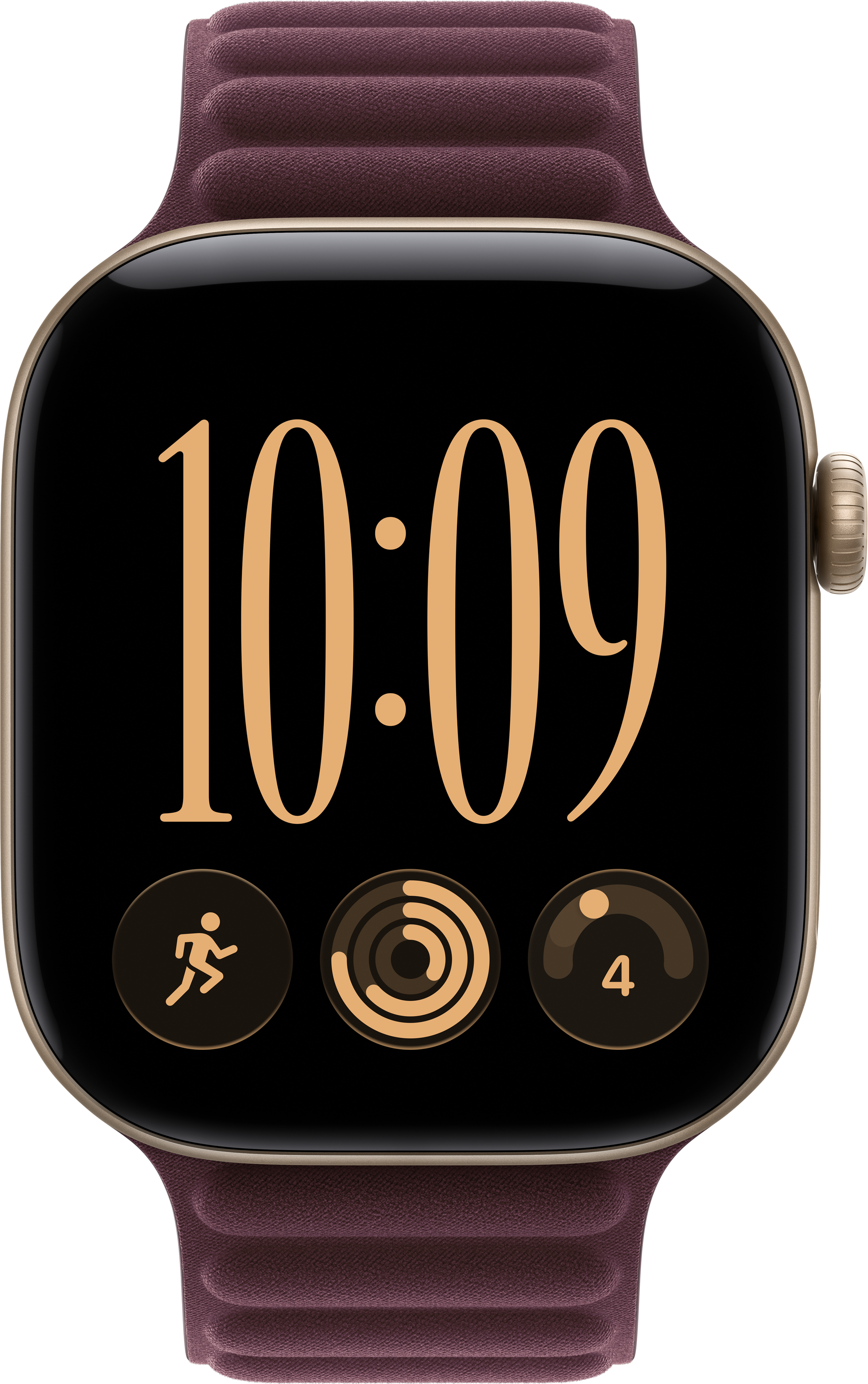 Eine Smartwatch mit dunklem Display zeigt das Datum und Trainingssymbole; oben ist ein violettes Armband zu sehen.