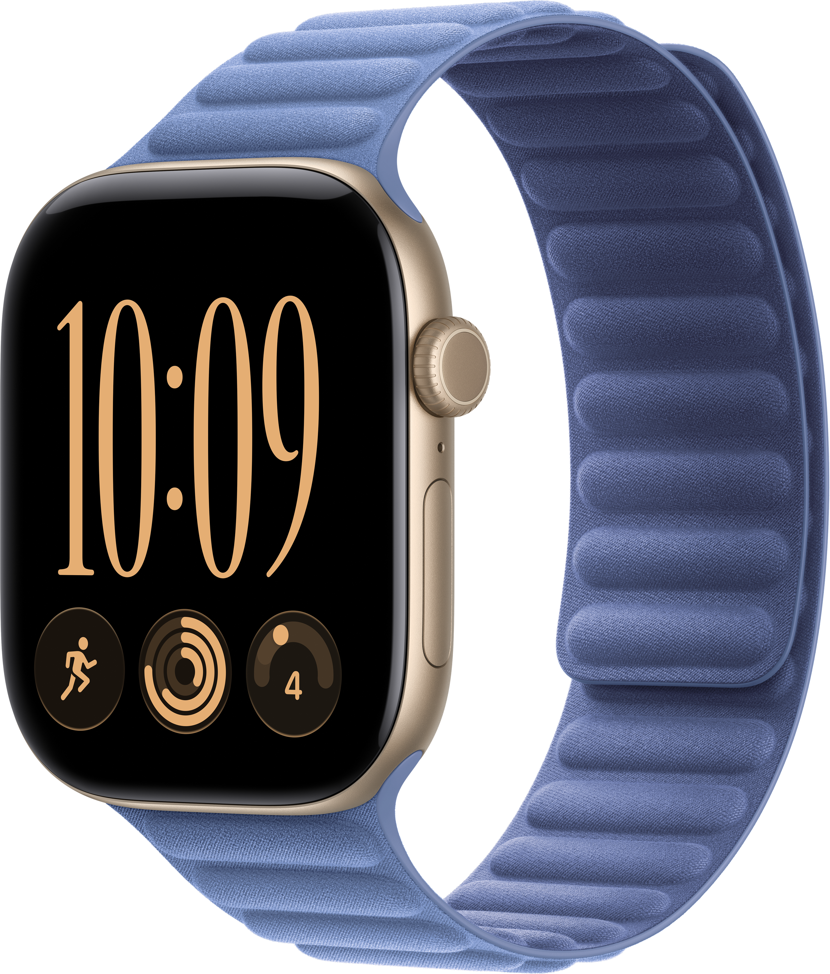 Uno smartwatch con cassa dorata, display digitale e cinturino in pelle blu su sfondo nero.