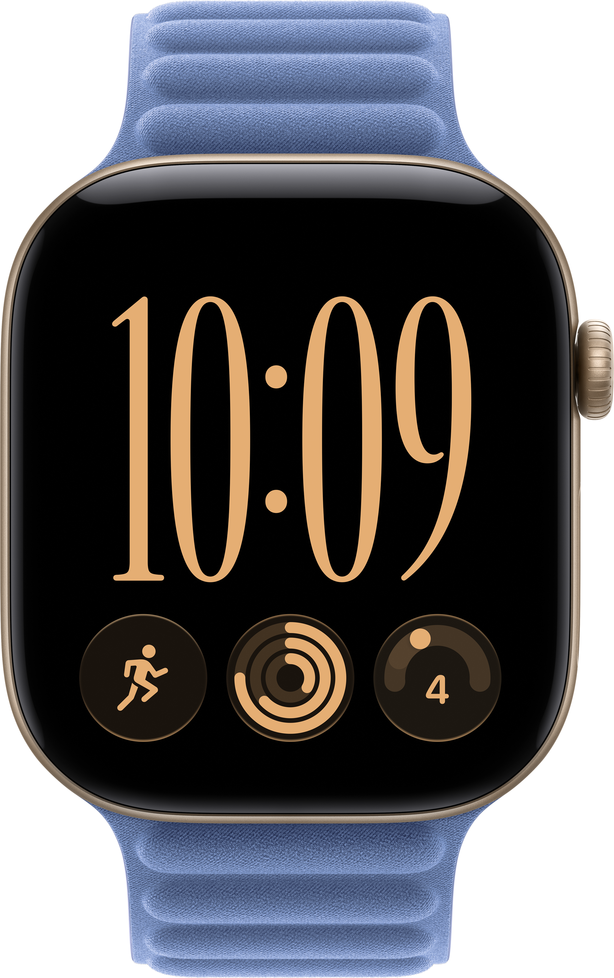 Uno smartwatch con cinturino blu mostra le 10:09 e tre icone di attività su schermo nero.