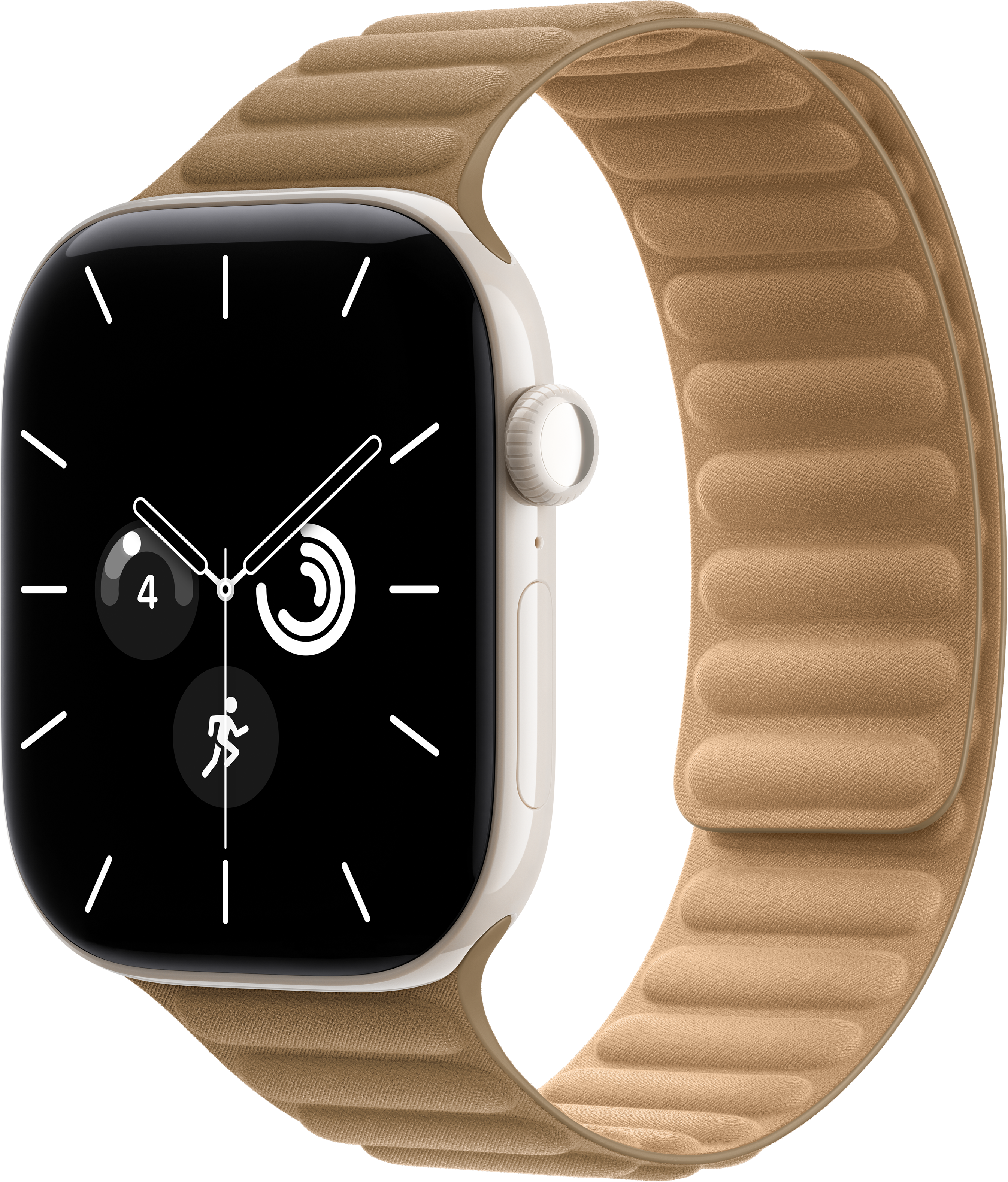 Smartwatch beige con quadrante nero e cinturino in pelle su sfondo nero.