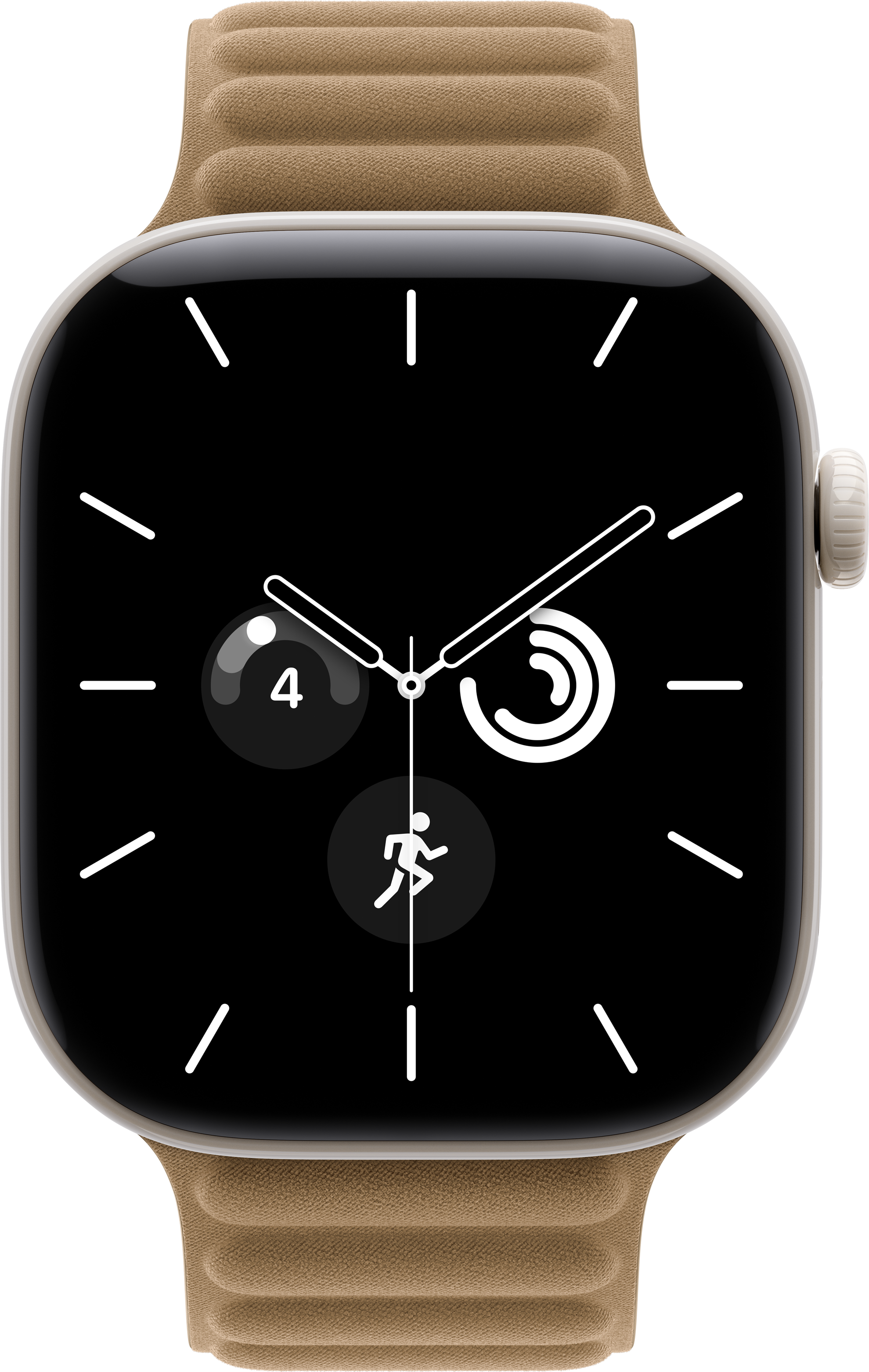 Uno smartwatch con cinturino in pelle marrone mostra un quadrante analogico con complicazioni su sfondo nero.