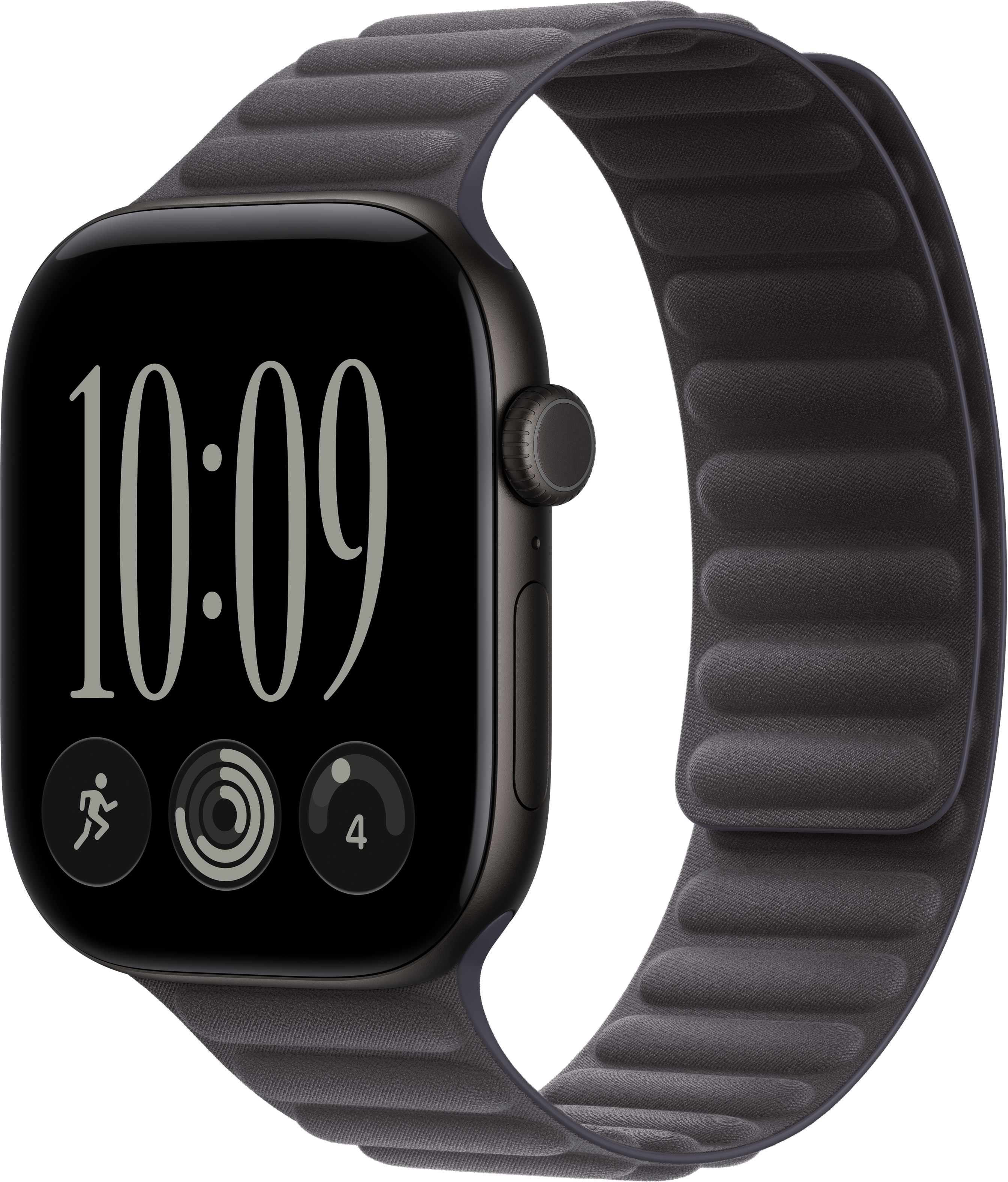 Une montre connectée noire avec un bracelet texturisé affiche l'heure 10:09 et des icônes de fitness.
