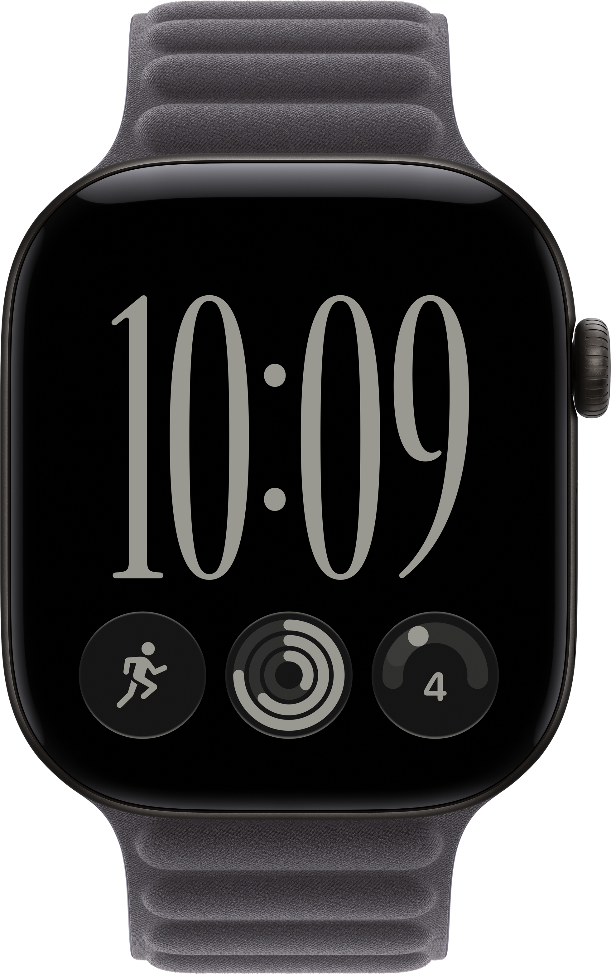 Une montre connectée noire avec un bracelet en cuir gris affiche l'heure 10:09 et trois icônes d'activité.
