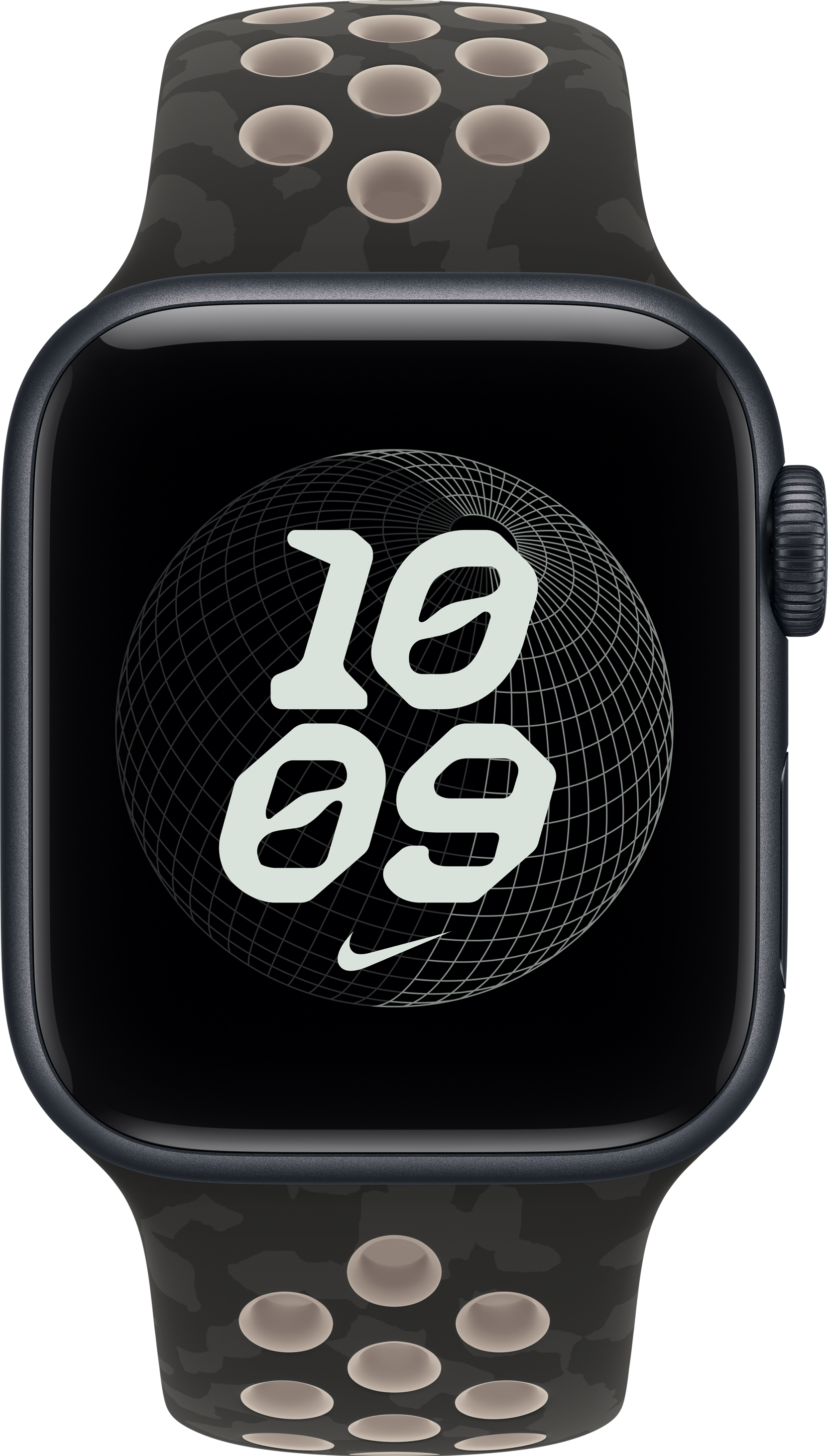 Eine Apple Watch mit einem dunkelgrauen Gehäuse, digitaler Zifferblattanzeige 10:09 und schwarzem Nike-Armband.