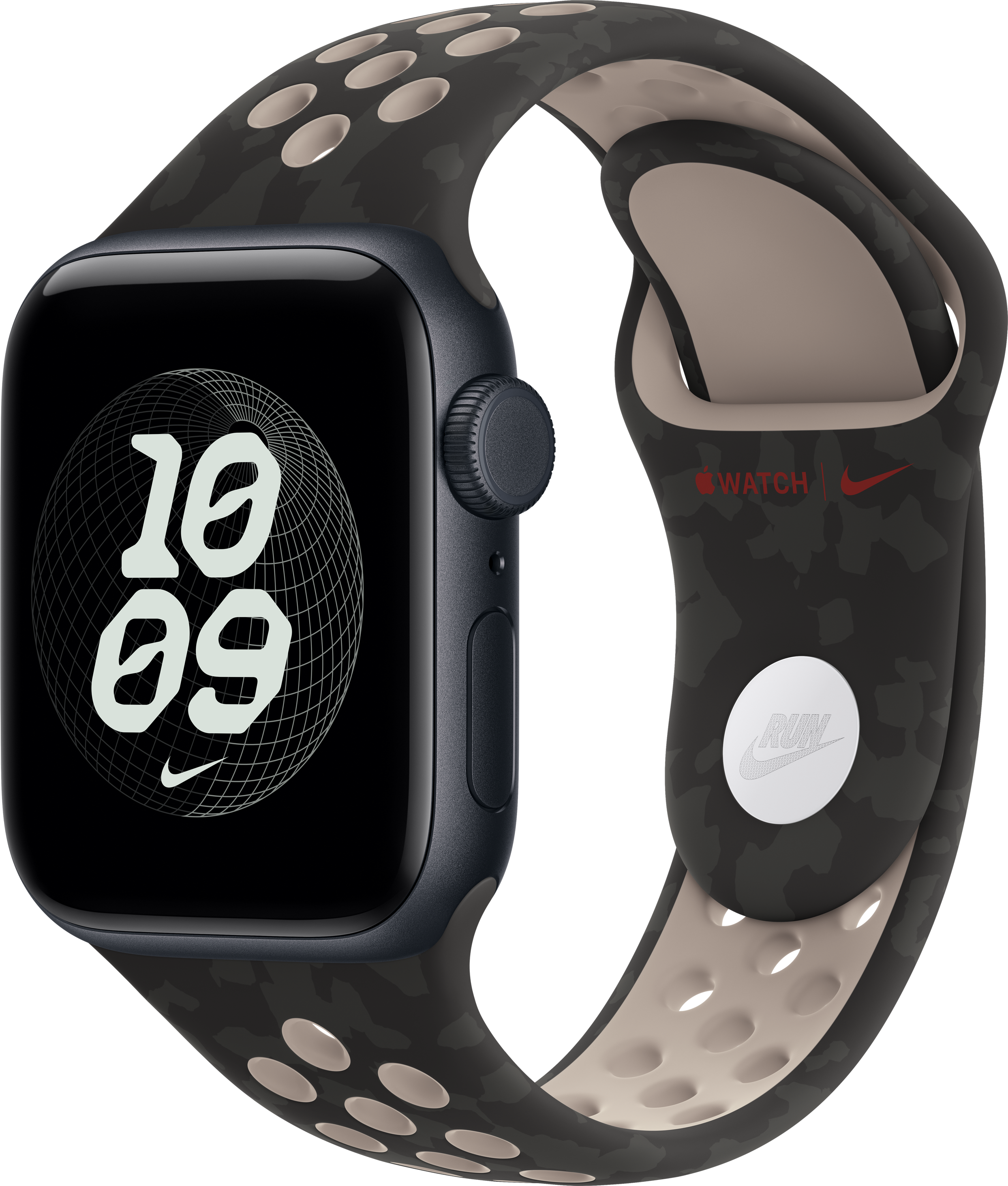 Eine schwarze Apple Watch mit grauem Nike Sportarmband und Netzdesign, die Uhrzeit 10:09 wird angezeigt.