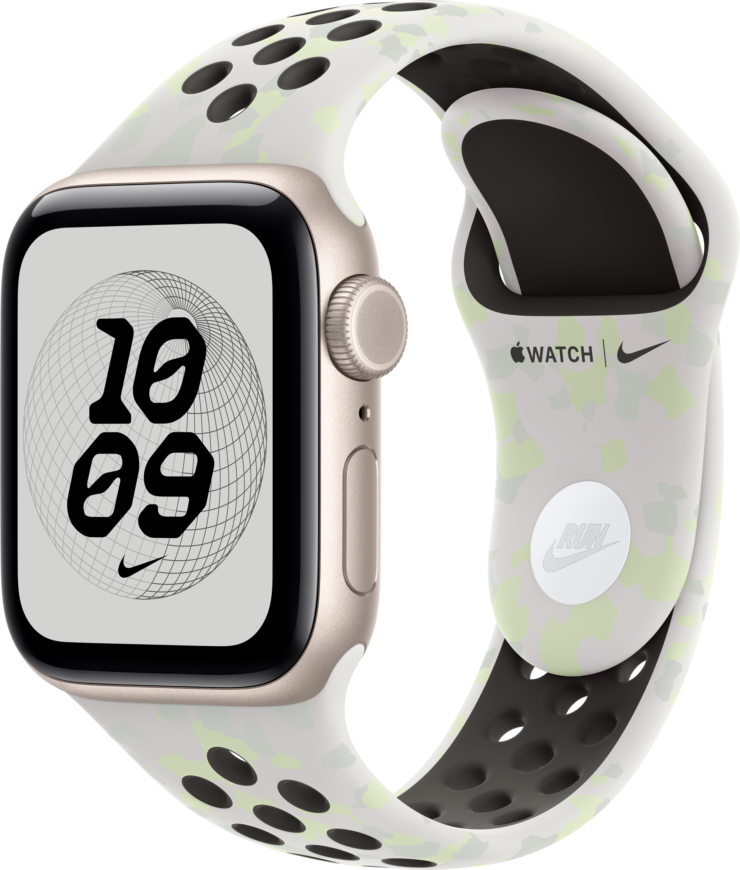 Apple Watch Nike mit hellgrün gemustertem Armband und Digitalzifferblatt auf schwarzem Grund.