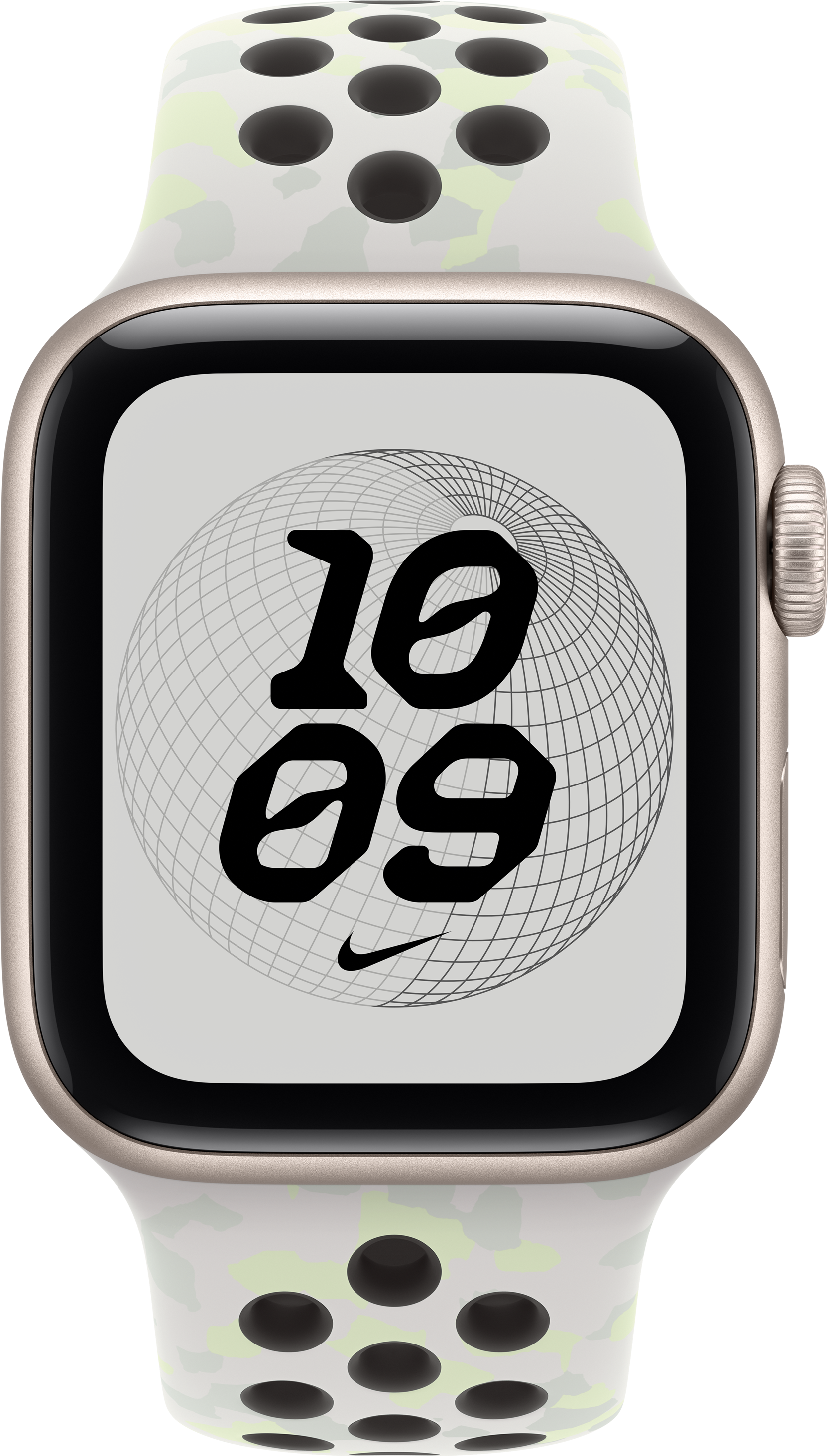 Eine Apple Watch mit beigen Gehäuse, gemustertem Sportarmband und Zifferblatt mit globusartigem Hintergrund und Uhrzeit 10:09.