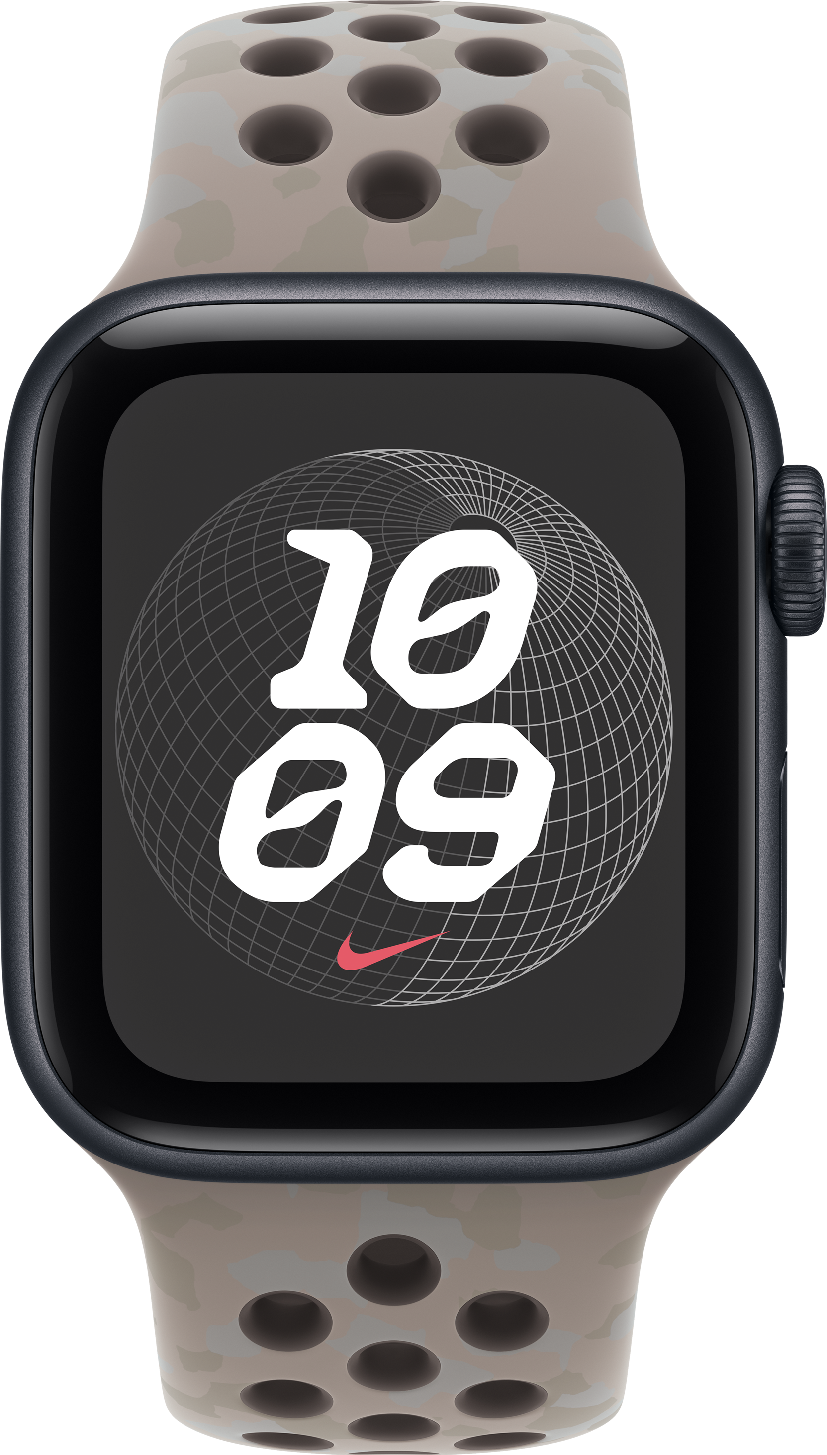 Eine Apple Watch mit beige-grauem Sportarmband und Zifferblatt mit weißer Globus-Grafik und rotem Nike-Logo.