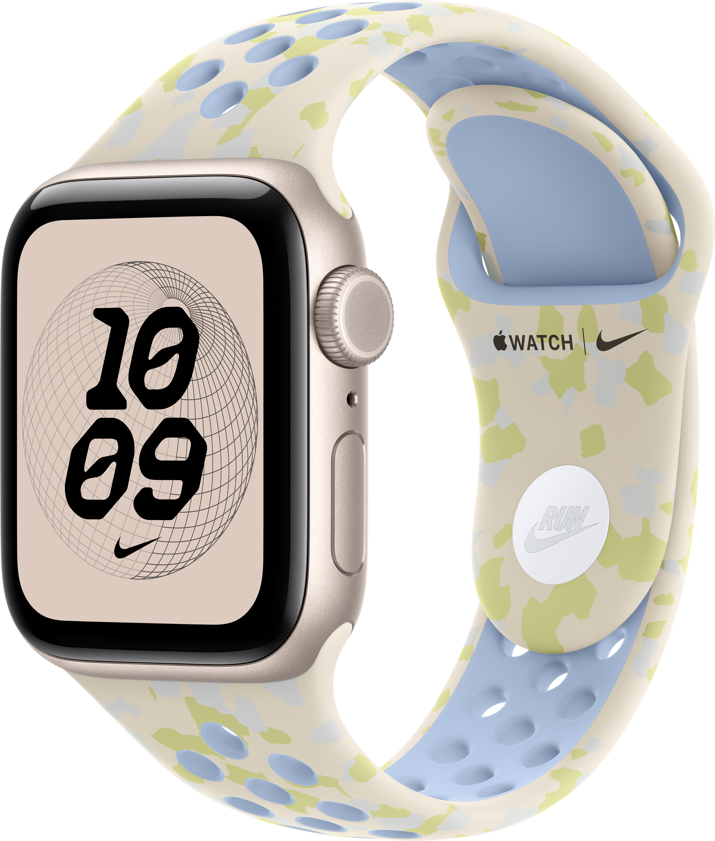 Un Apple Watch con cassa oro e cinturino sportivo Nike fantasia su sfondo nero.