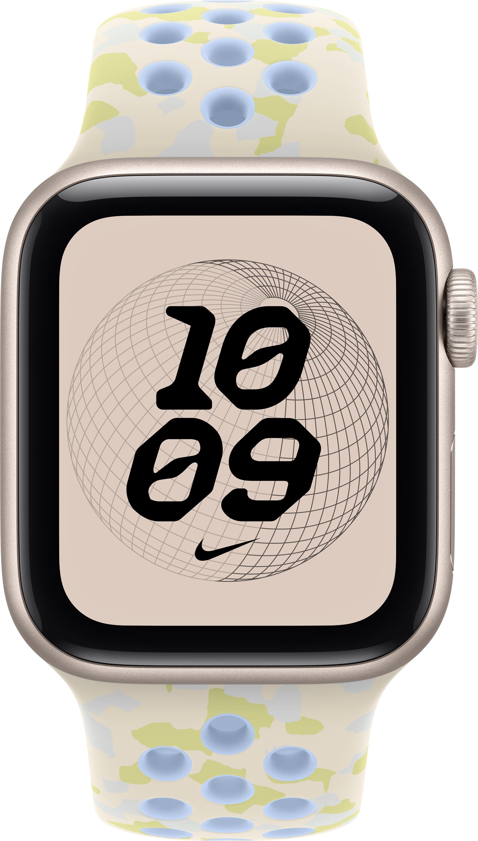 Uno smartwatch con cassa beige e cinturino perforato fantasia mostra un quadrante con l'ora 10:09.
