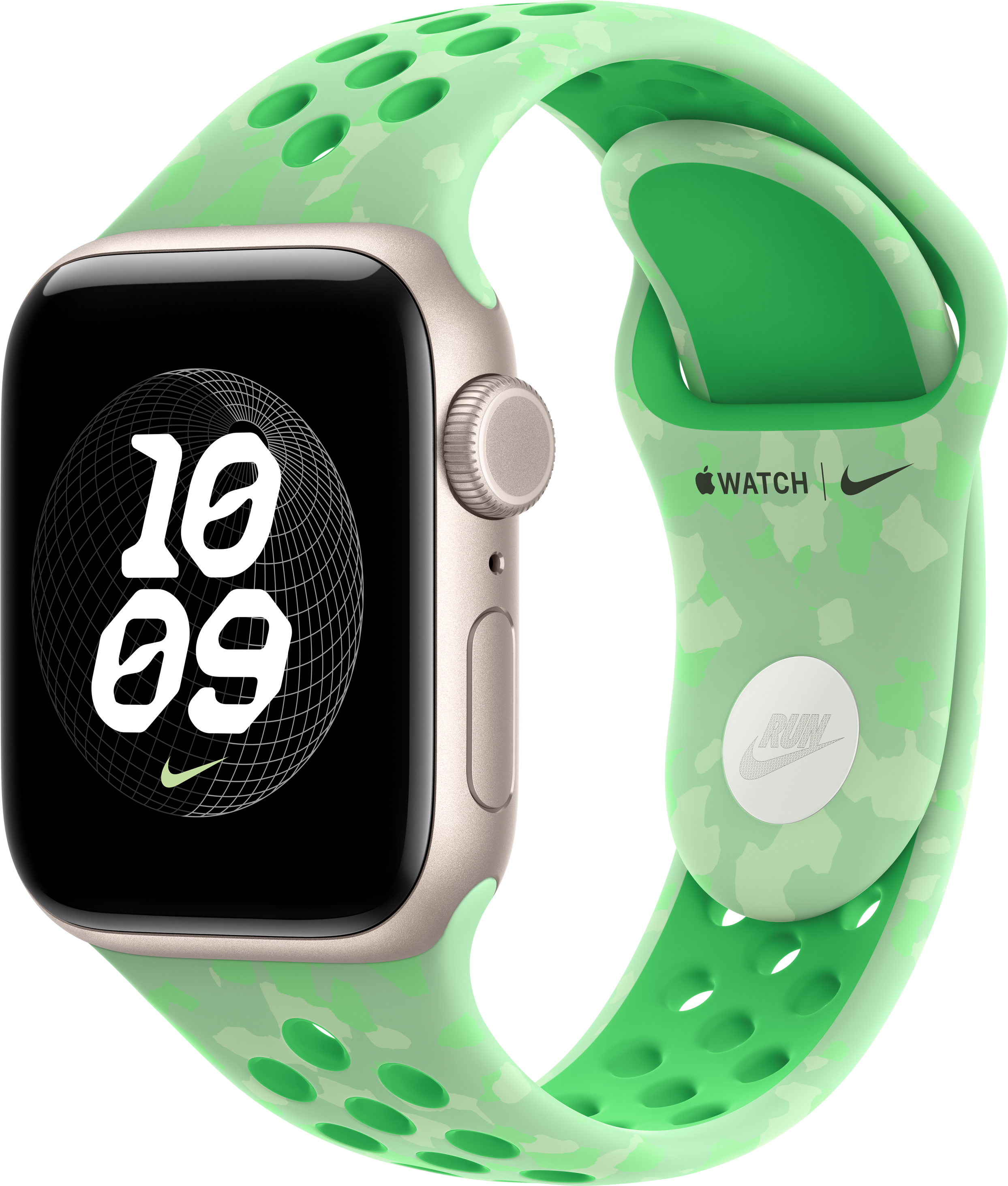 Eine hellgrüne Apple Watch Nike Edition mit digitalem Zifferblatt und perforiertem Armband vor schwarzem Hintergrund.