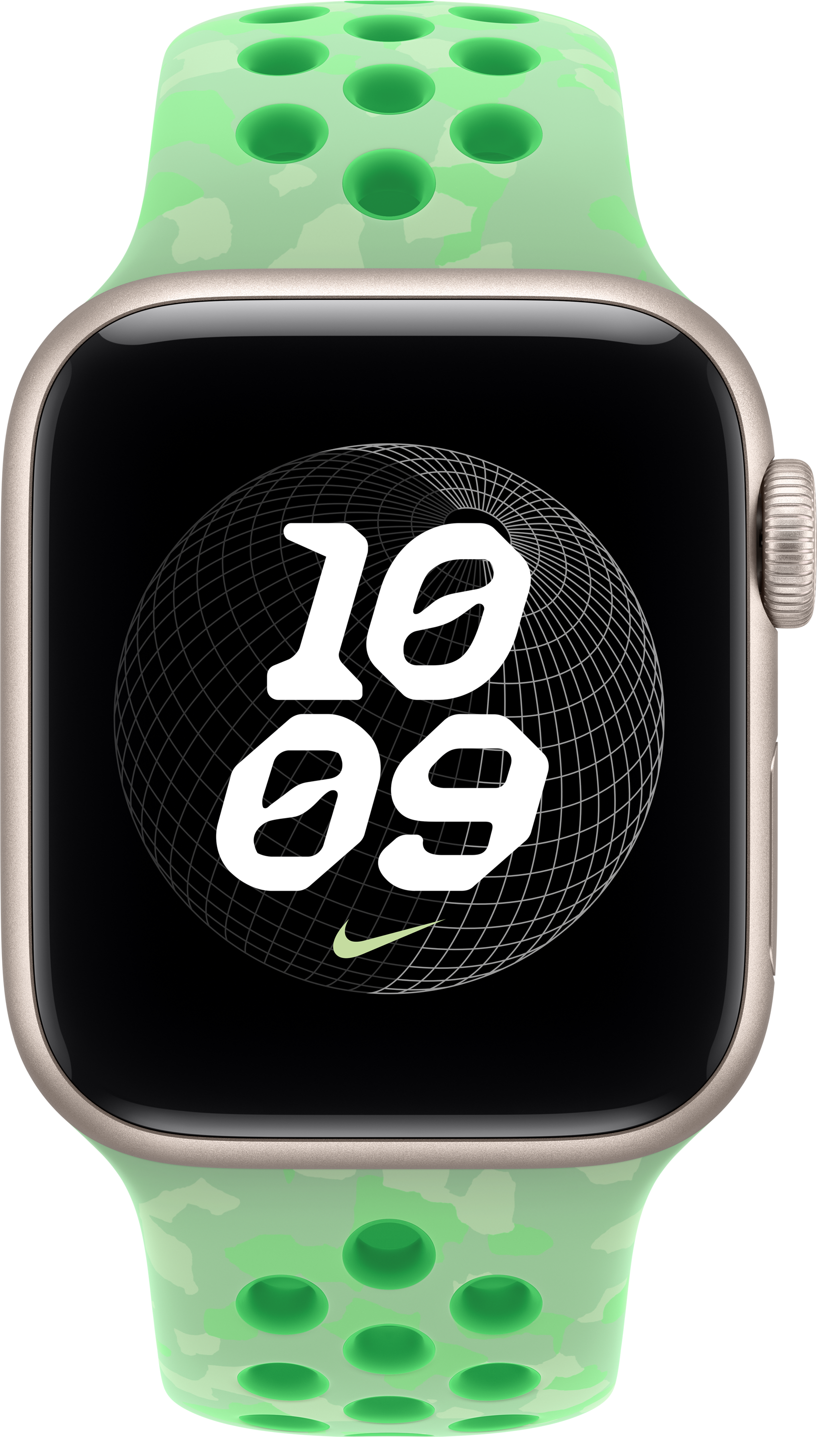 Goldene Smartwatch mit grünem Nike-Armband und digitalem Zifferblatt.