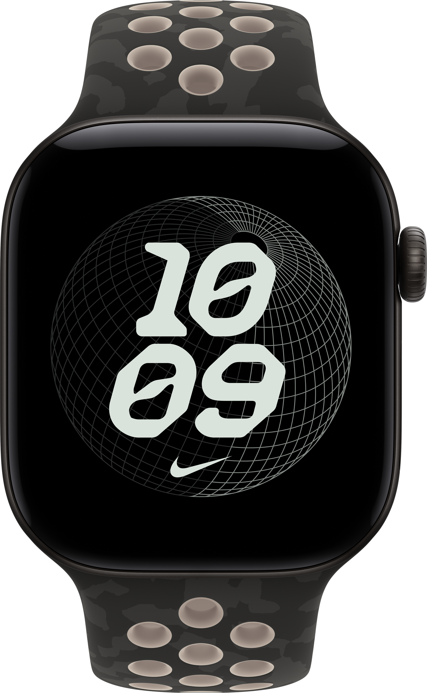Eine schwarze Smartwatch mit perforiertem Armband zeigt die Uhrzeit 10:09 auf einem runden Gittermuster.