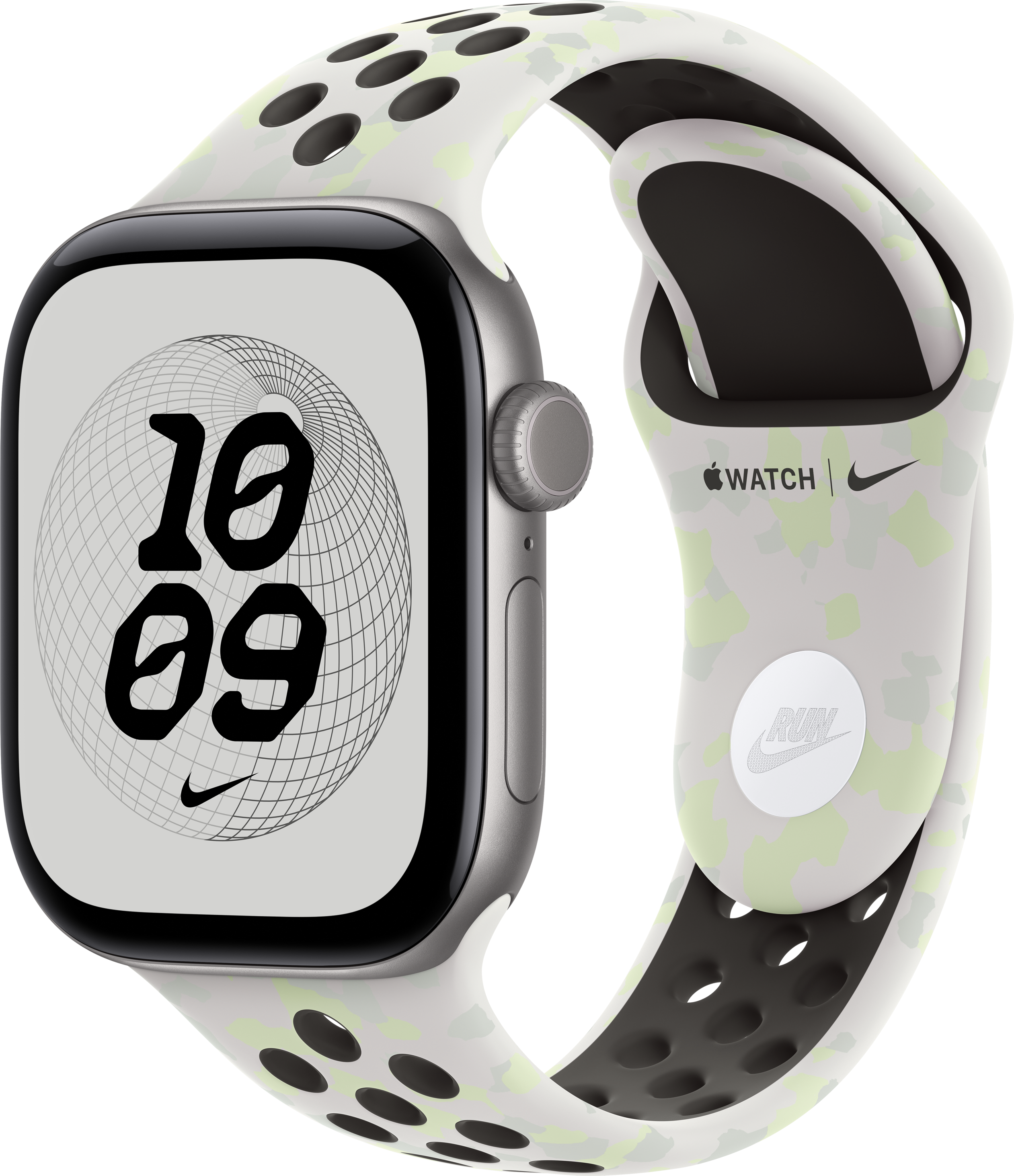 Eine Apple Watch mit weiß-grün gemustertem Nike-Armband und digitalem Zifferblatt auf schwarzem Hintergrund.