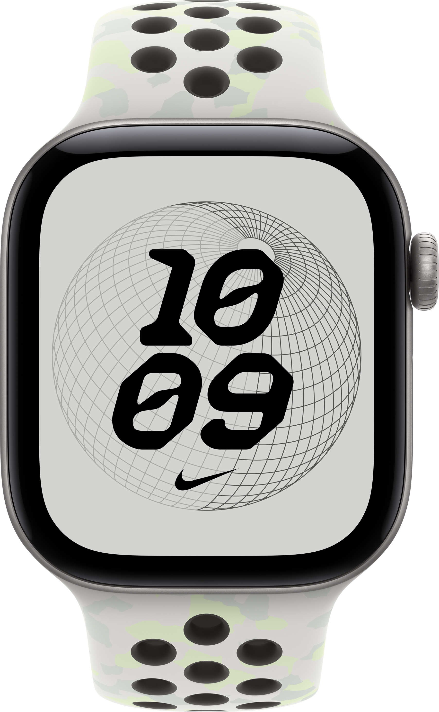 Smartwatch mit hellem Zifferblatt, großem schwarzen Datum und weiß-grünem Sportarmband.