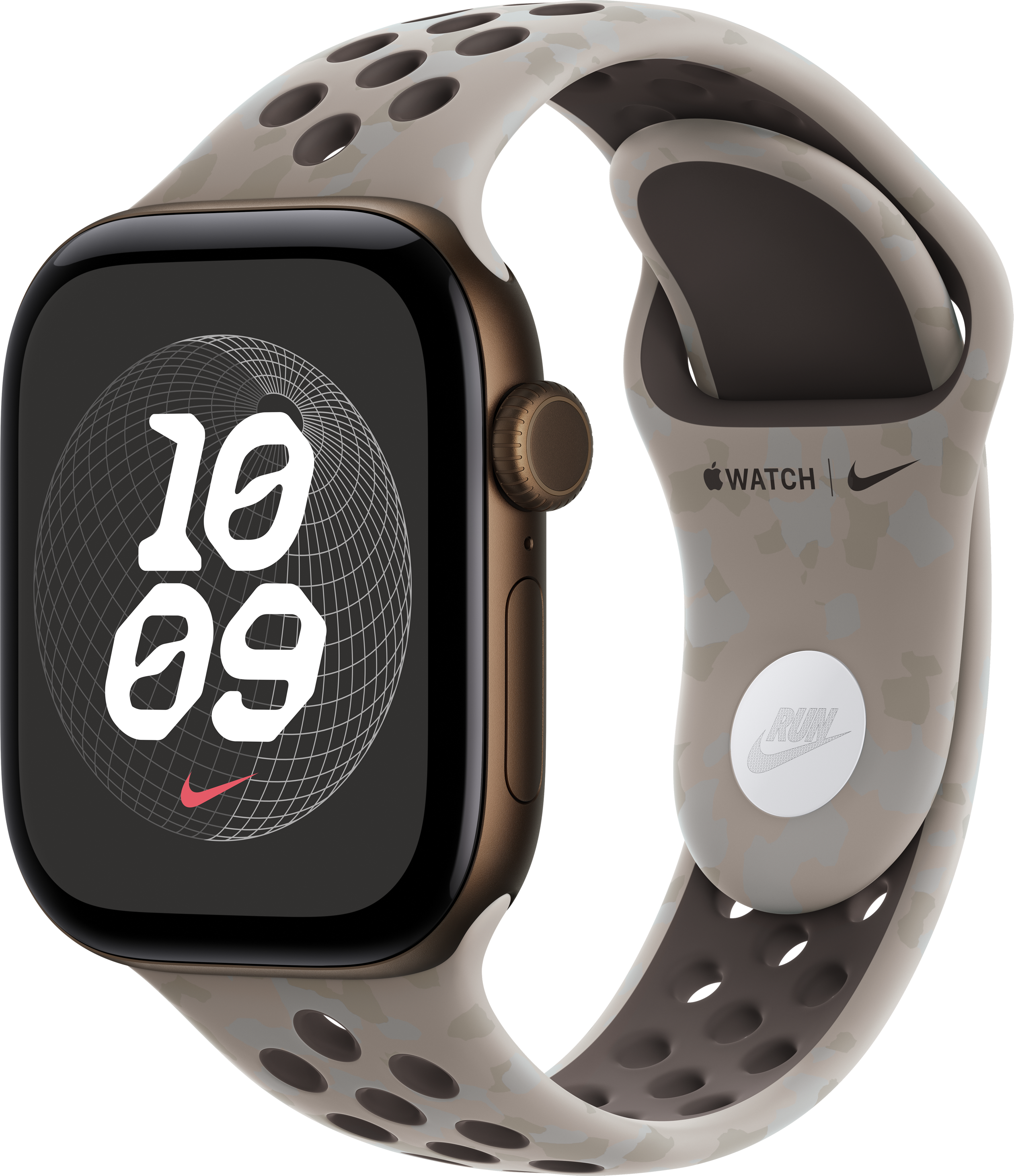 Apple Watch Nike color bronzo con cinturino sportivo fantasia su sfondo nero.