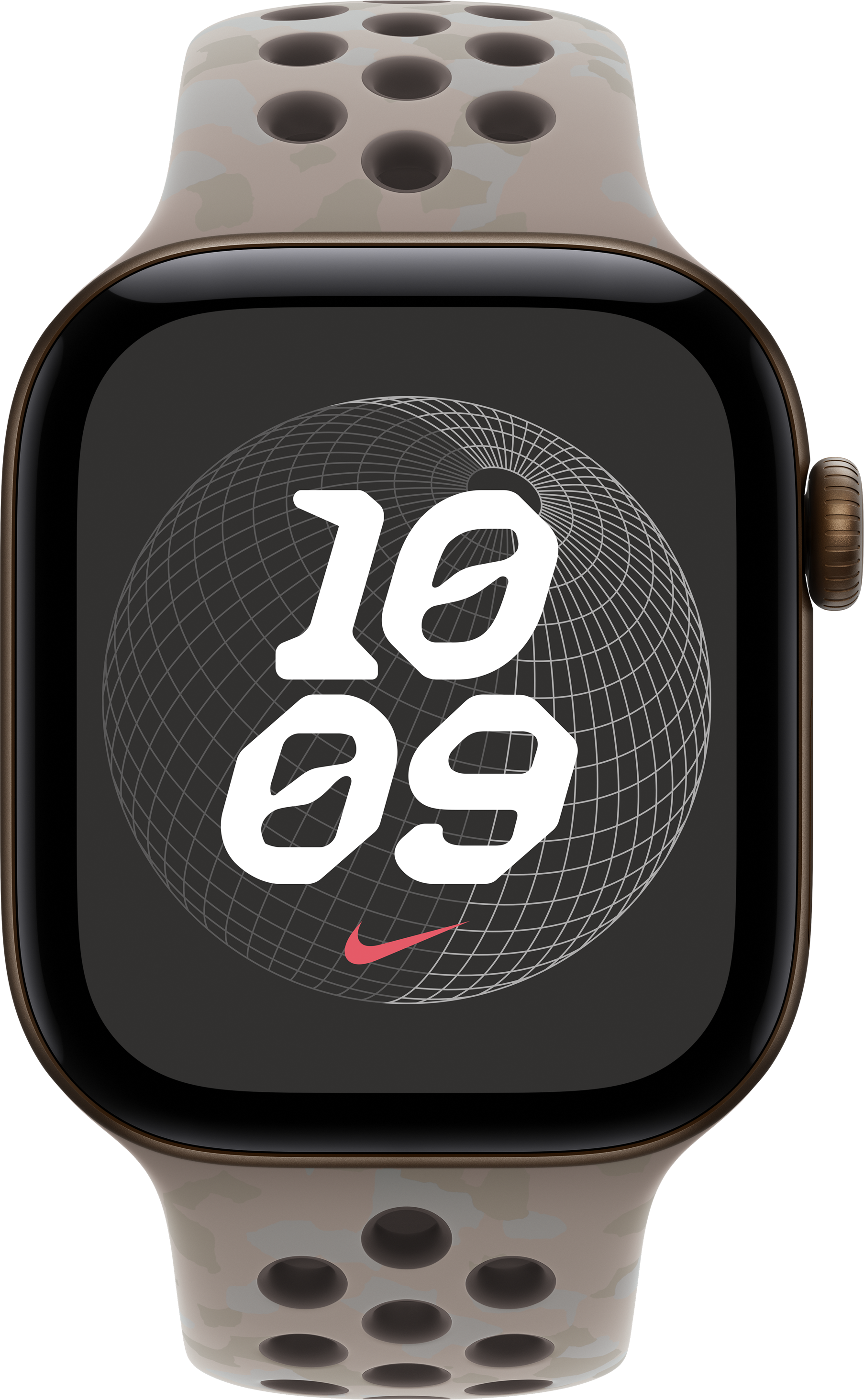 Smartwatch con cassa marrone, cinturino sportivo fantasia e quadrante con ora bianca e logo Nike.