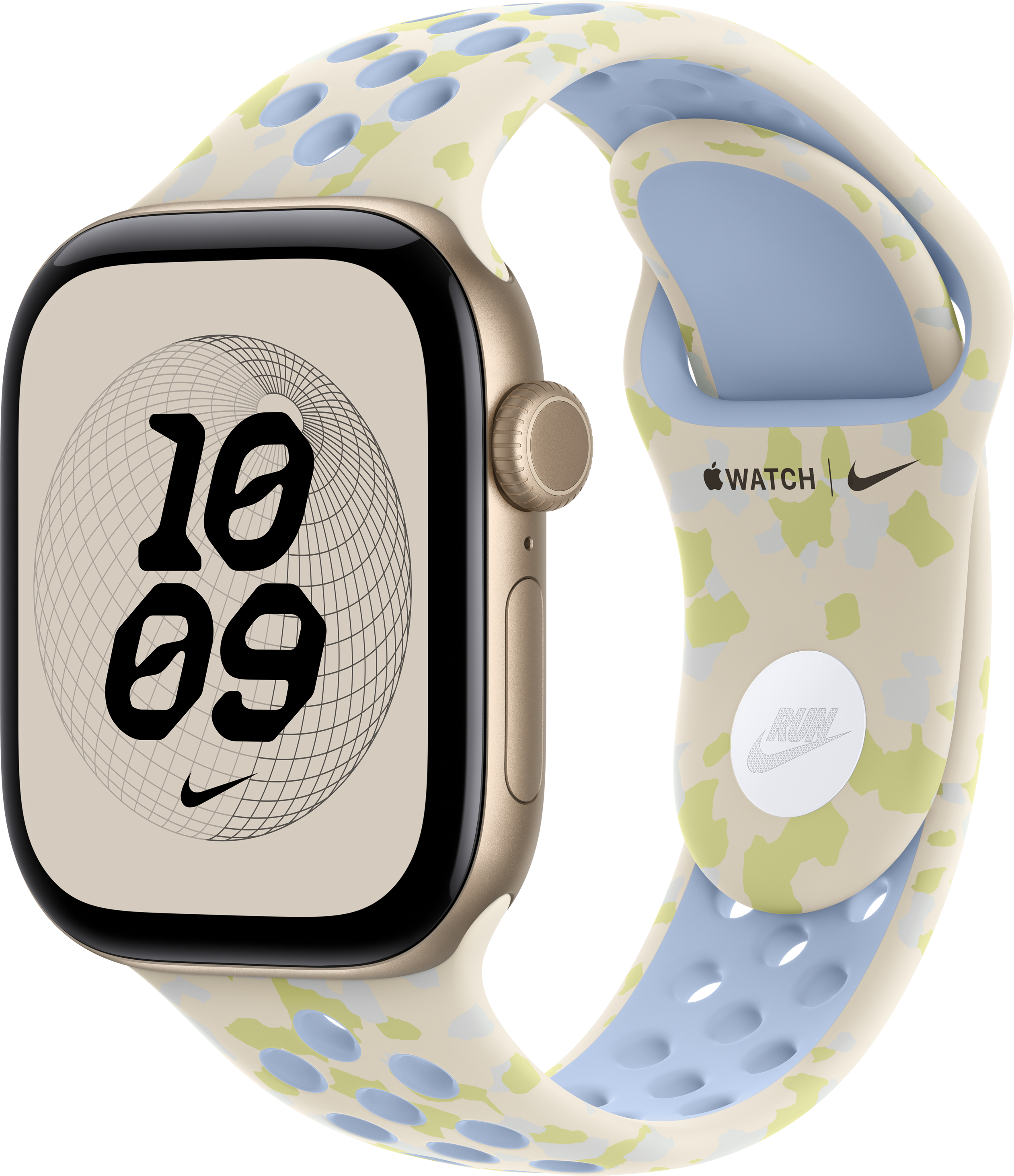 Apple Watch dorée avec bracelet camouflage bleu, vert et crème, affichant 10:09 et un logo Nike.