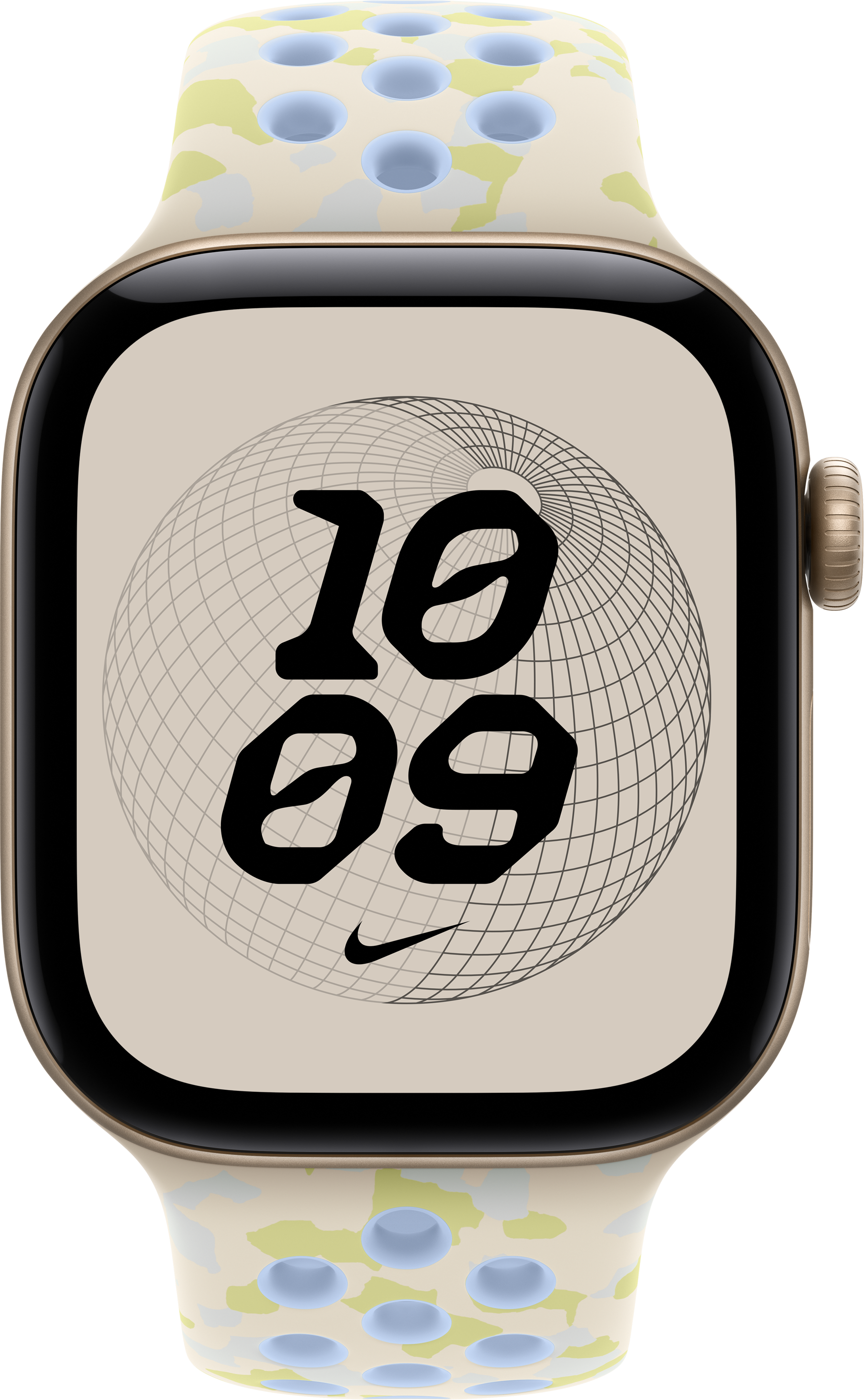 Montre connectée avec boîtier doré, bracelet sport à motifs et cadran numérique affichant 10:09 et logo Nike.