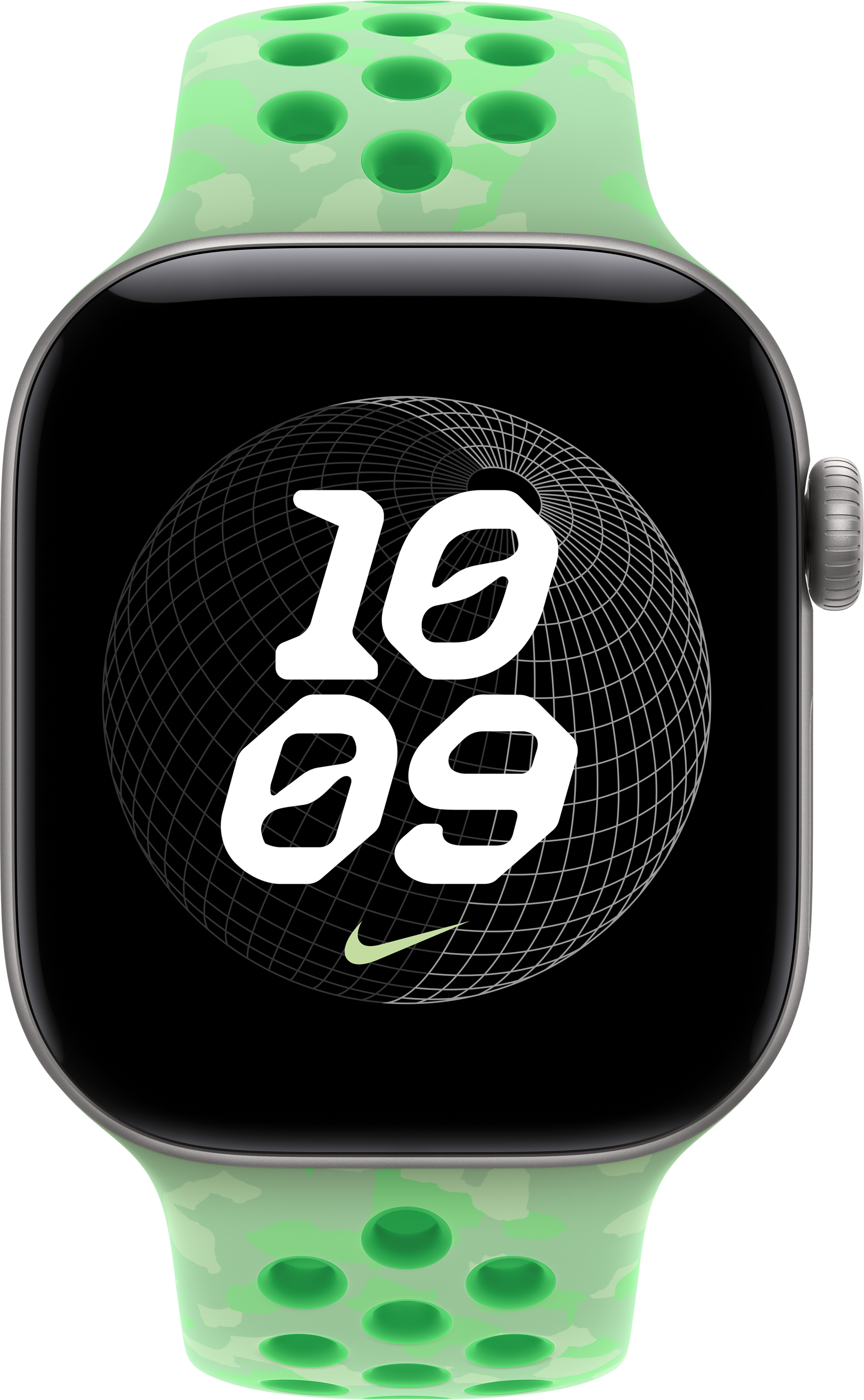 Montre connectée avec un bracelet Nike vert et un cadran numérique affichant 10:09.