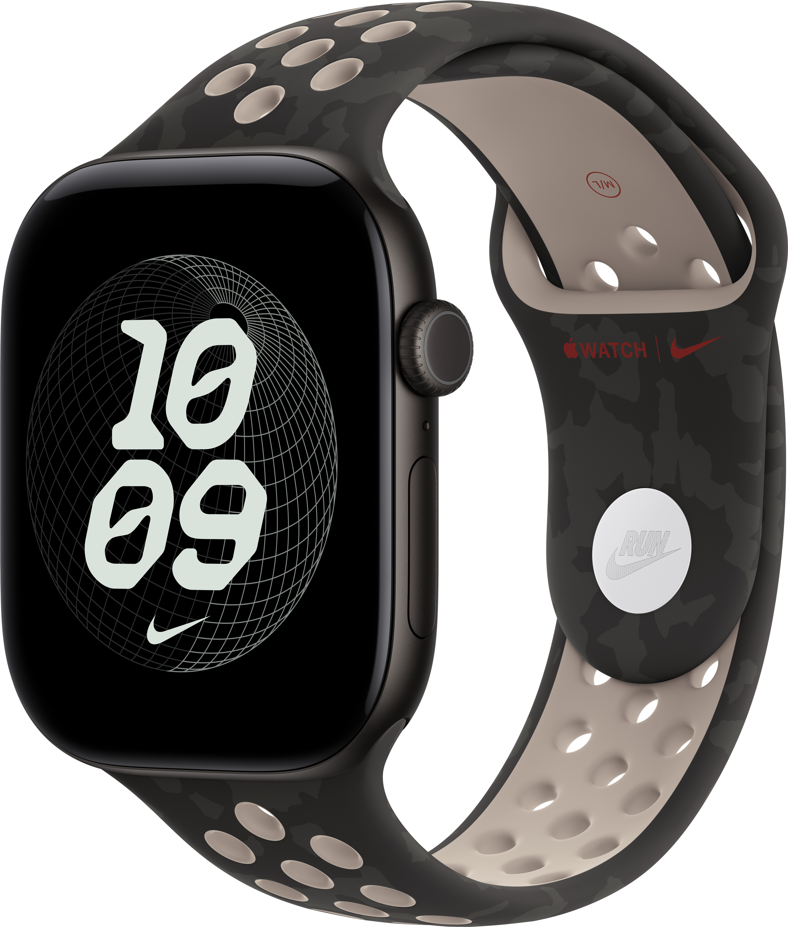 Un Apple Watch Nike nero con cinturino sportivo traforato mimetico e quadrante a griglia che mostra le 10:09.