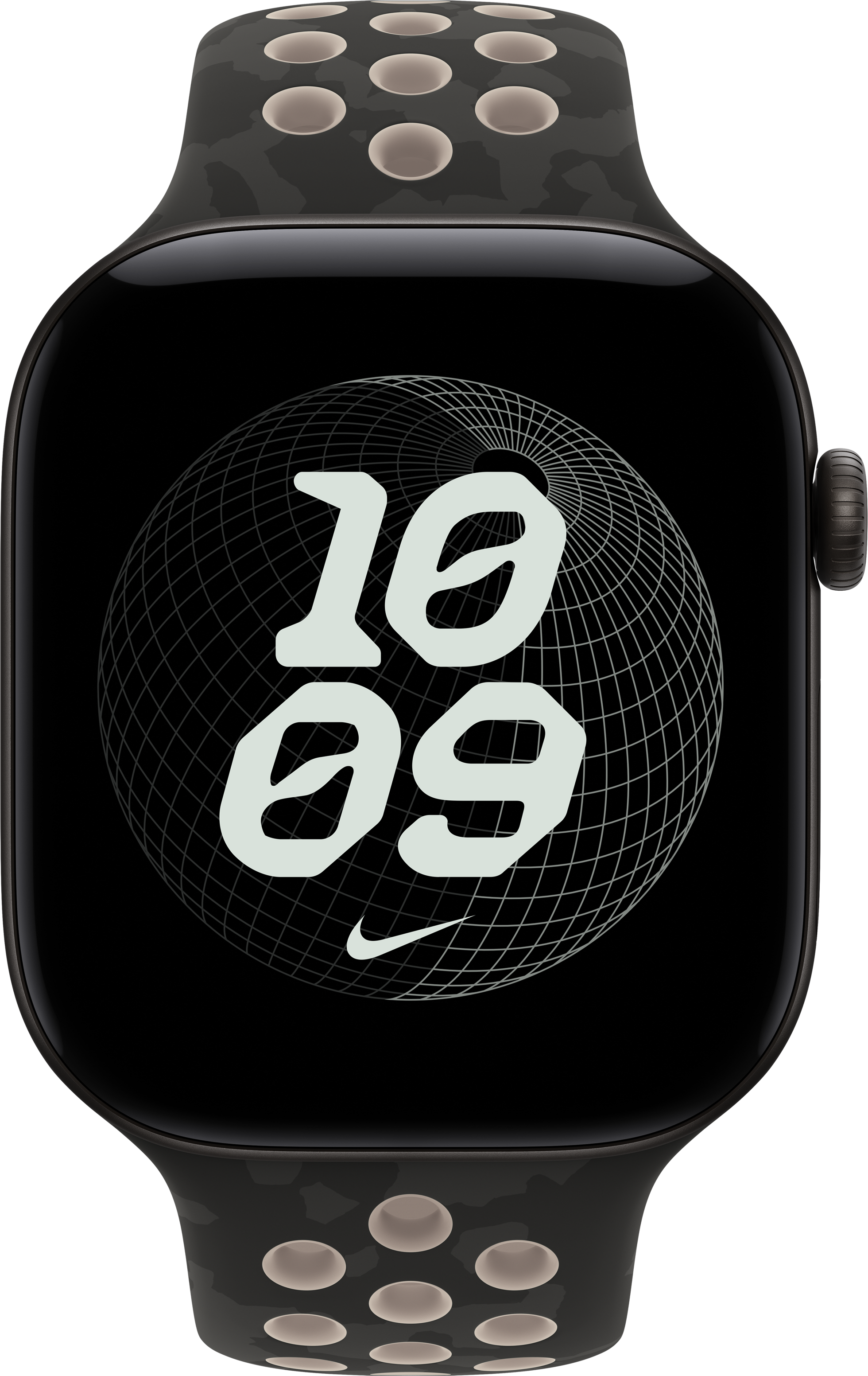 Une montre connectée noire au bracelet perforé affiche 10:09 sur fond de globe en fil de fer.