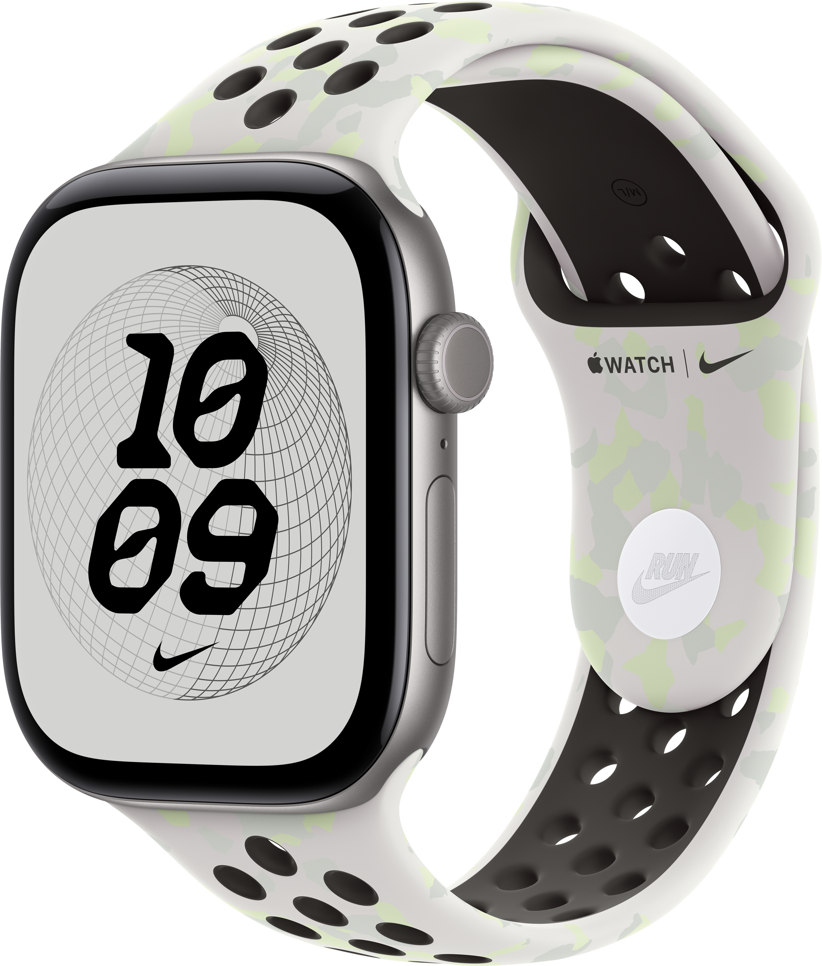 Eine Apple Watch mit silbergrauem Gehäuse und weiß-grünem Nike-Sportarmband vor schwarzem Hintergrund.