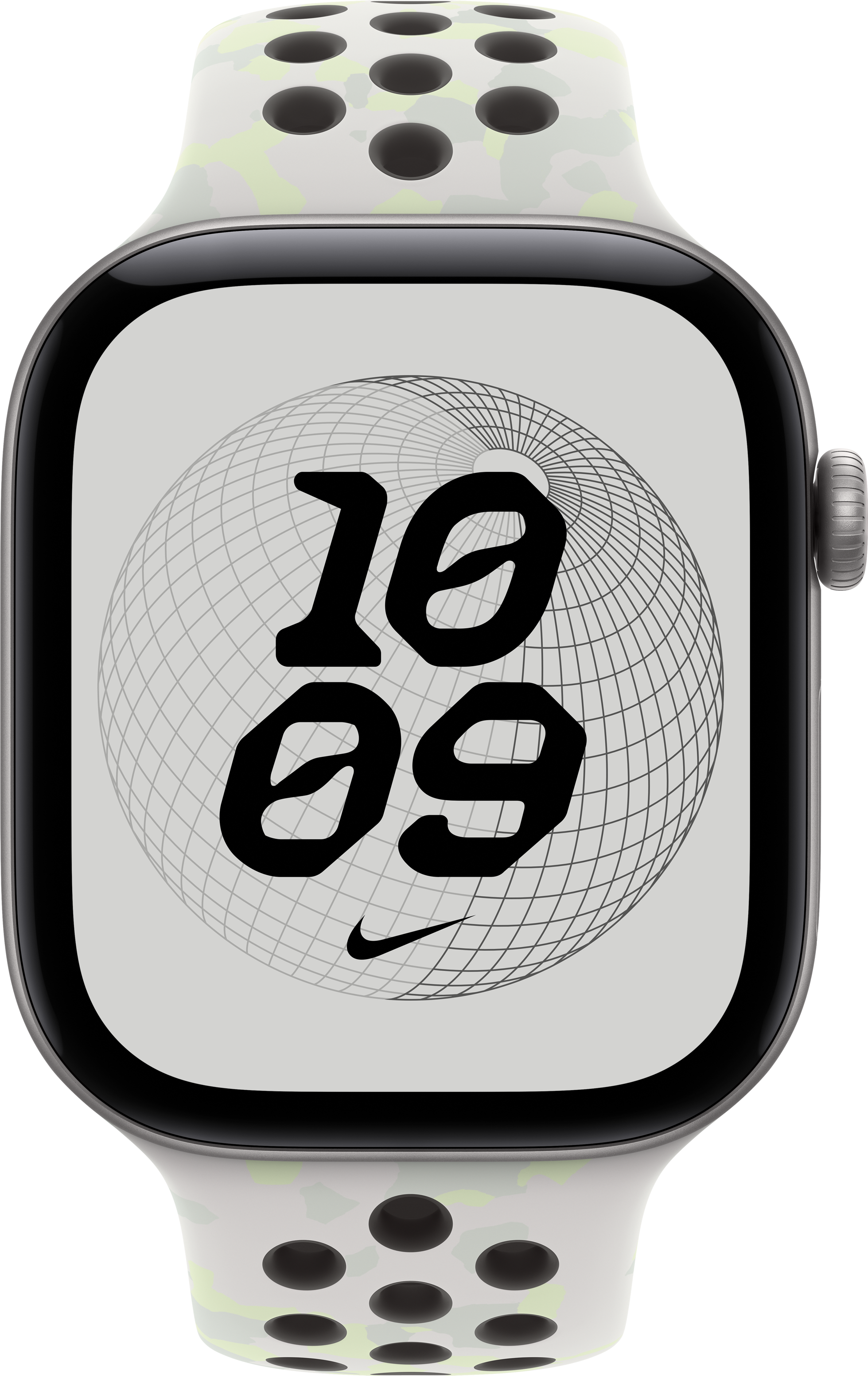 Eine Smartwatch mit hellem Zifferblatt, globusartigem Hintergrundmuster und perforiertem Armband.