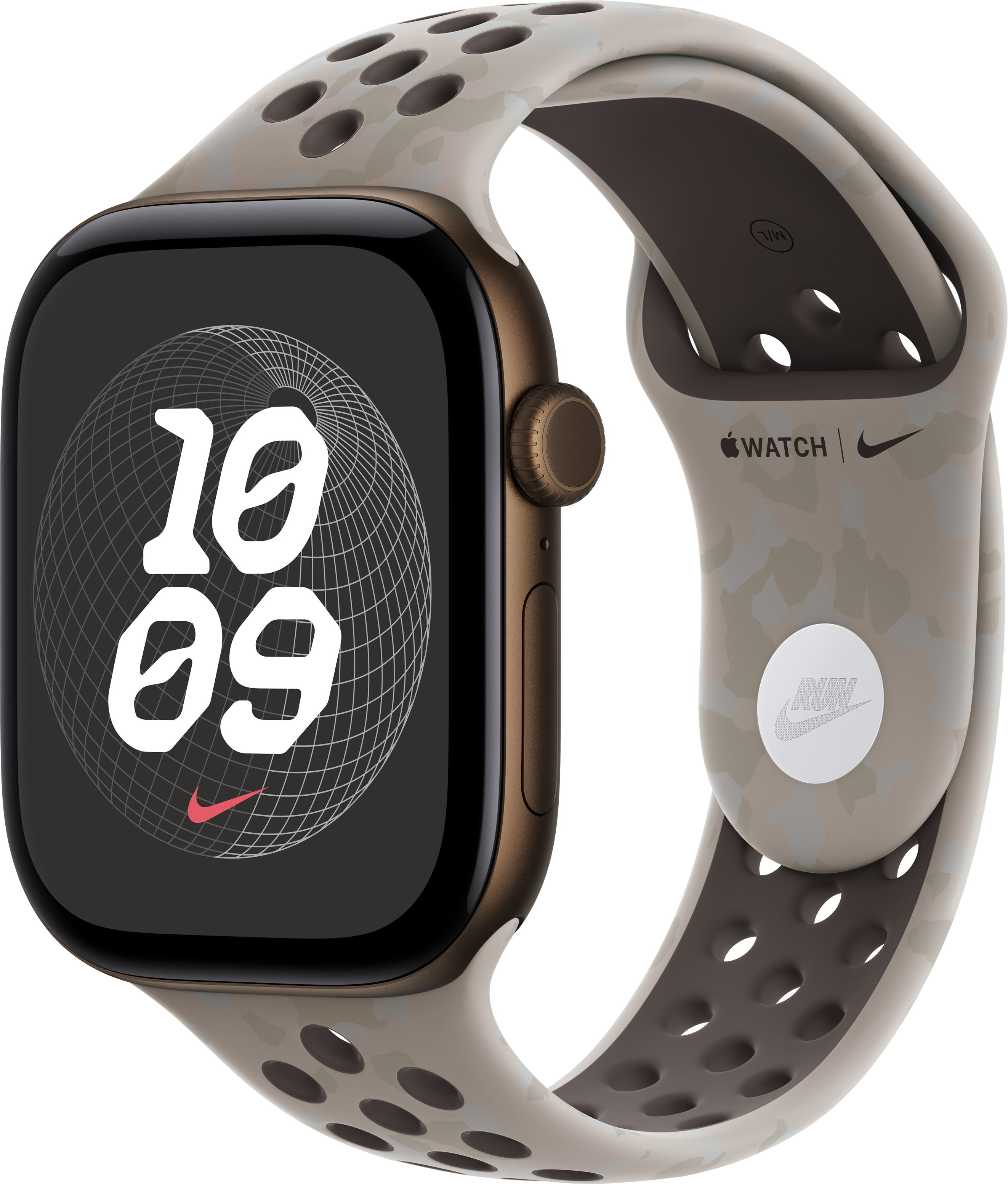 Eine Smartwatch mit Nike-Armband zeigt das Display mit der Zeit 10:09 gegen einen schwarzen Hintergrund.