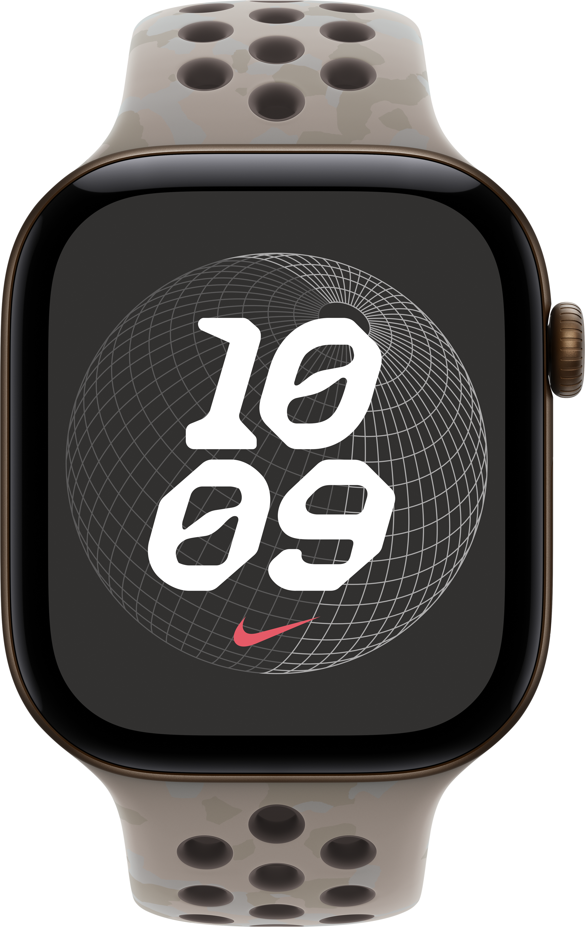 Uno smartwatch con cassa color bronzo, cinturino perforato e quadrante digitale che mostra le 10:09 su una griglia.