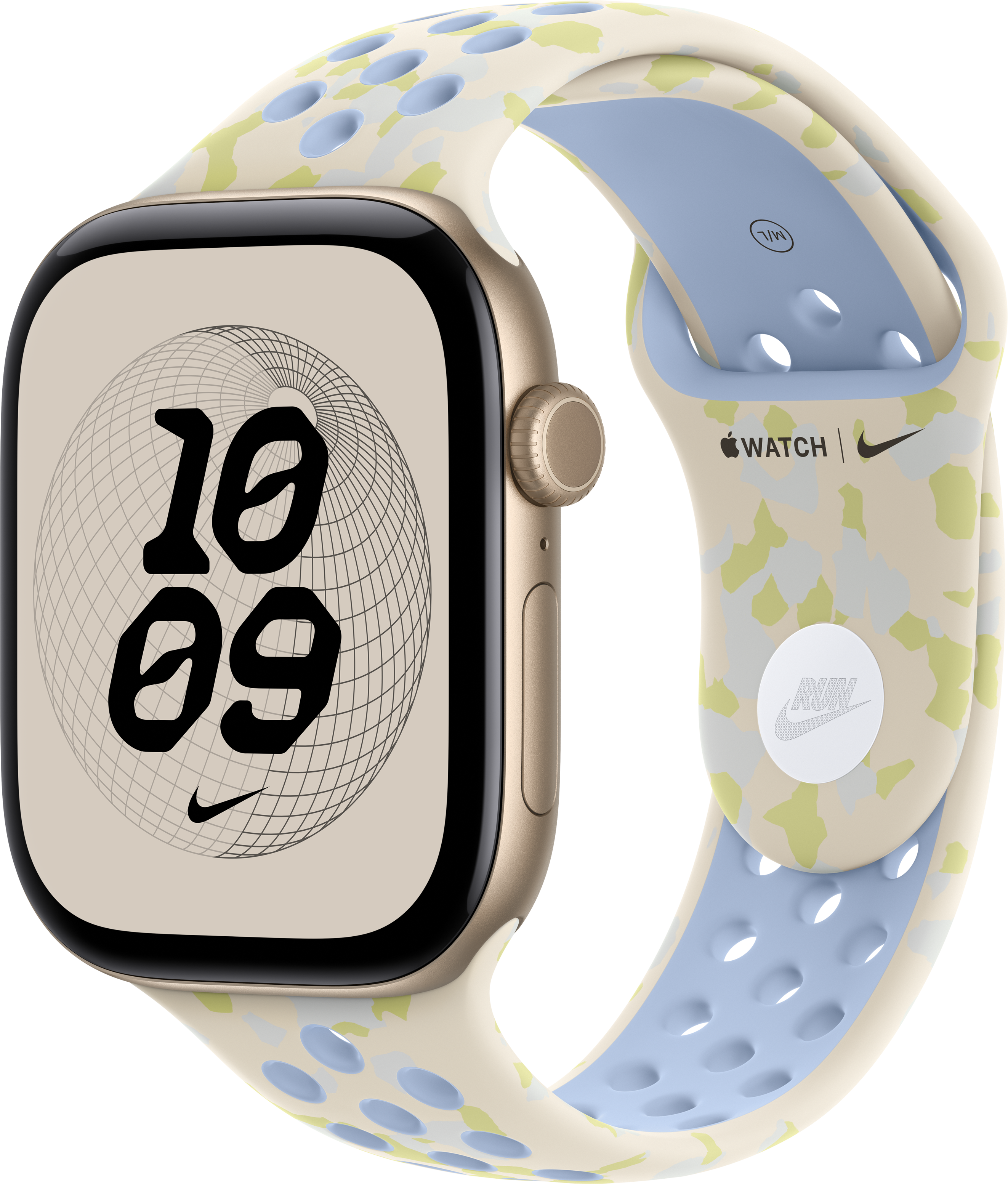 Une Apple Watch avec un boîtier doré et un bracelet de sport Nike multicolore à motifs.