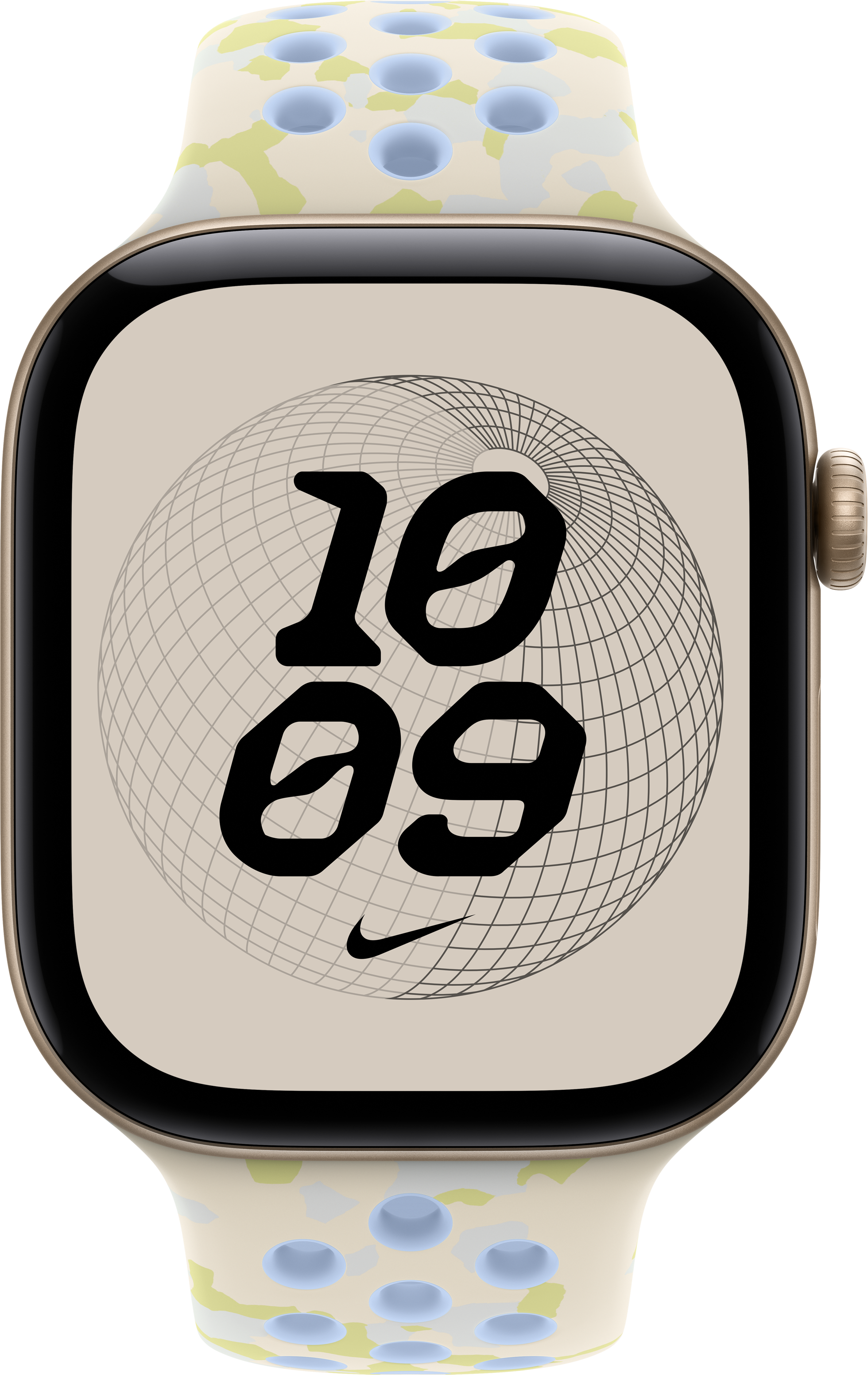 Montre connectée dorée avec cadran affichant 10:09 et un fond en forme de sphère filaire.