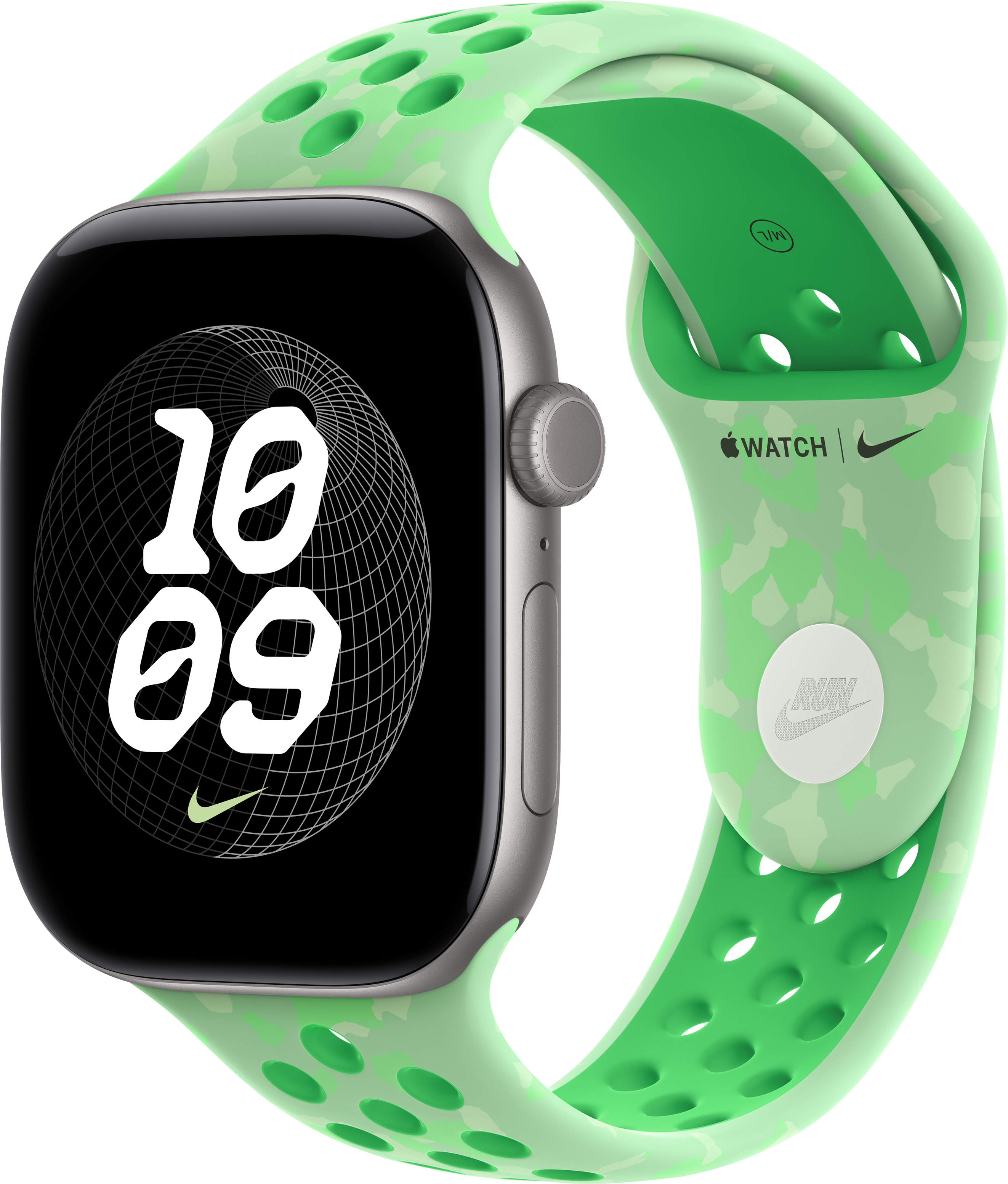 Apple Watch mit silbernem Gehäuse, Nike-Zifferblatt und hellgrünem Sportarmband vor schwarzem Hintergrund.