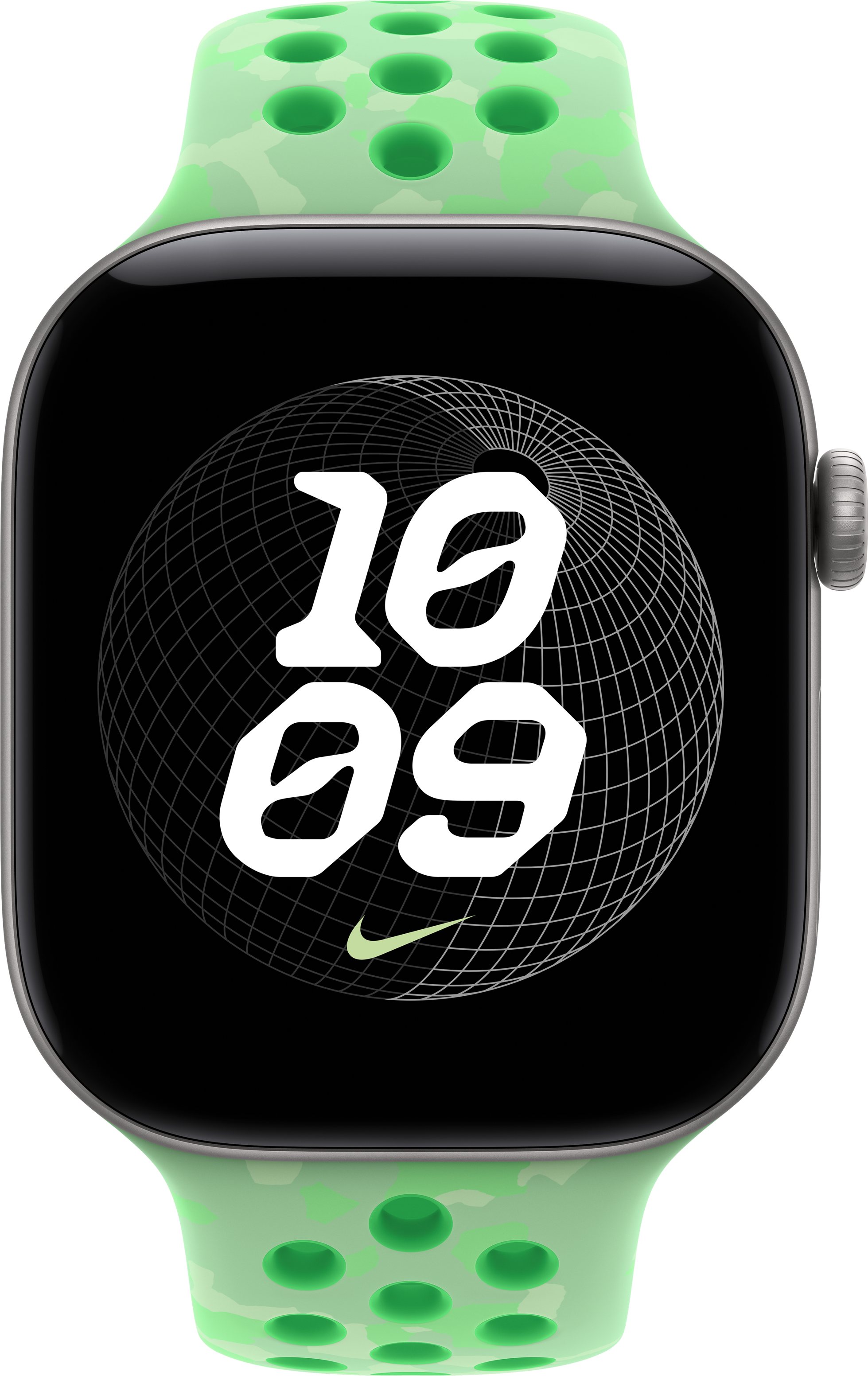 Smartwatch mit grünem gelochtem Armband und schwarzem Display zeigt 10:09 über einer Drahtgitterkugel.