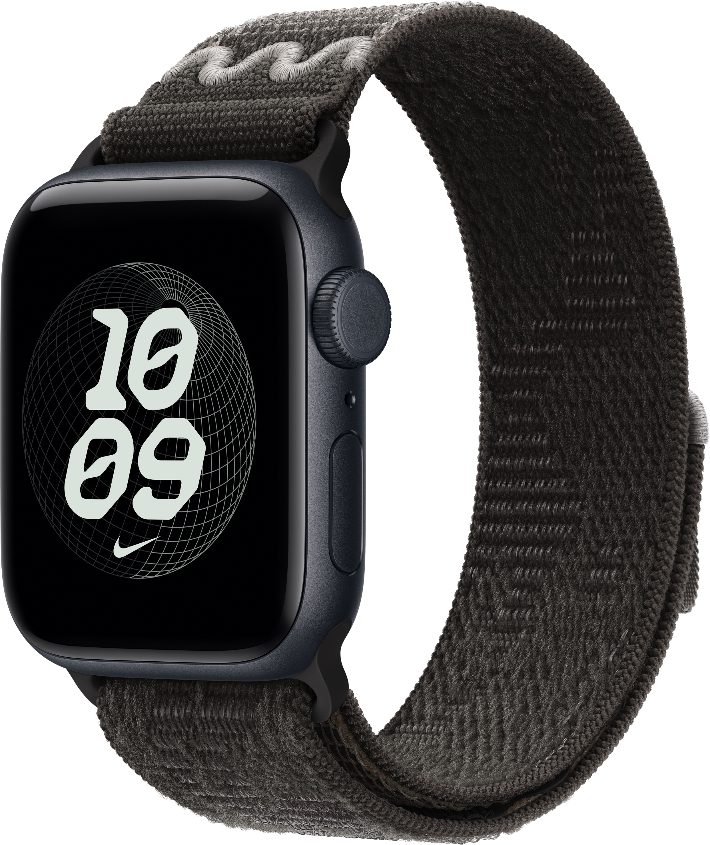 Une montre connectée noire avec accents gris et bracelet en tissu affiche 10:09 sur l'écran.