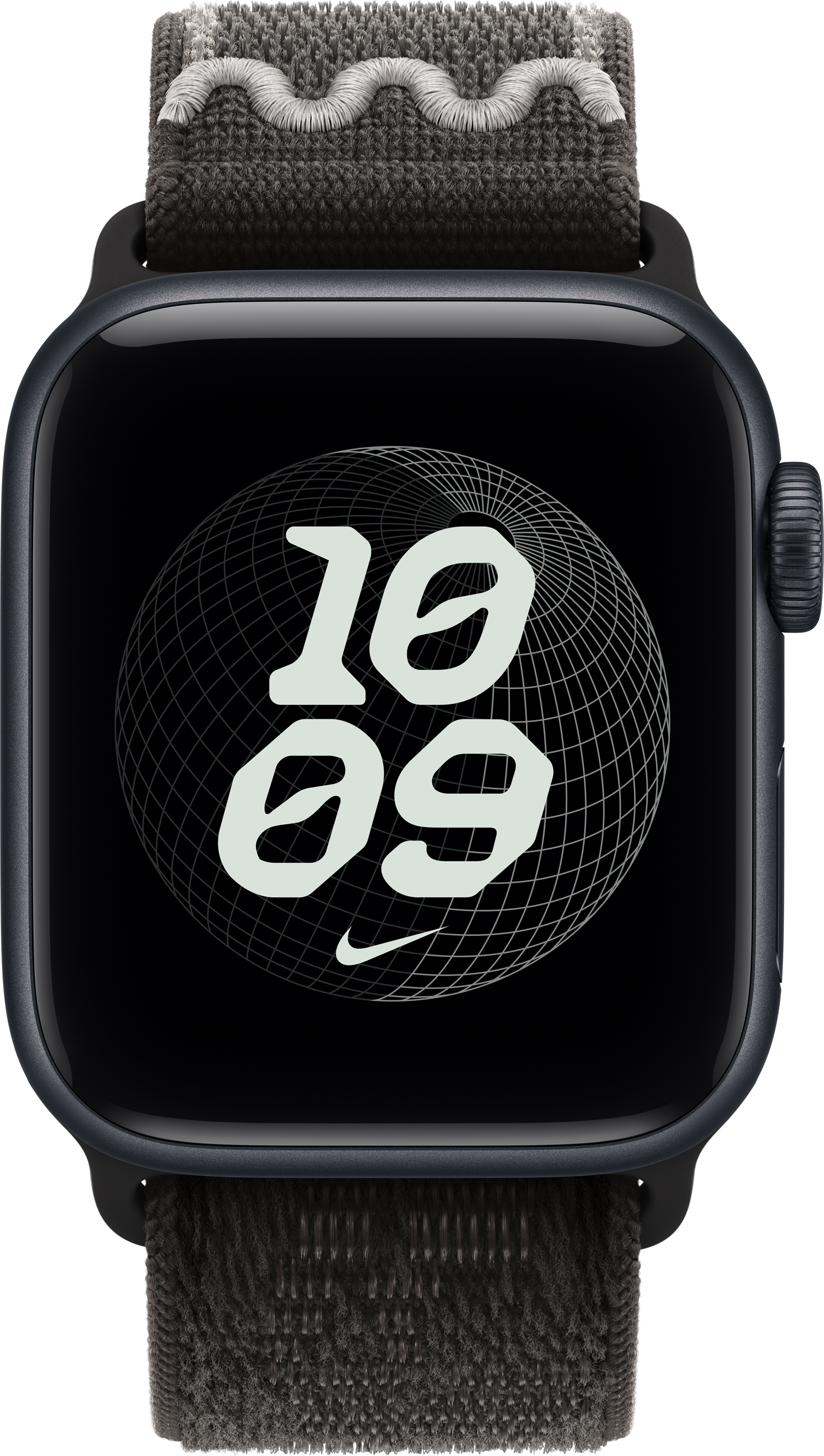 Montre connectée noire avec bracelet texturé et cadran affichant 10:09 sur fond de globe.